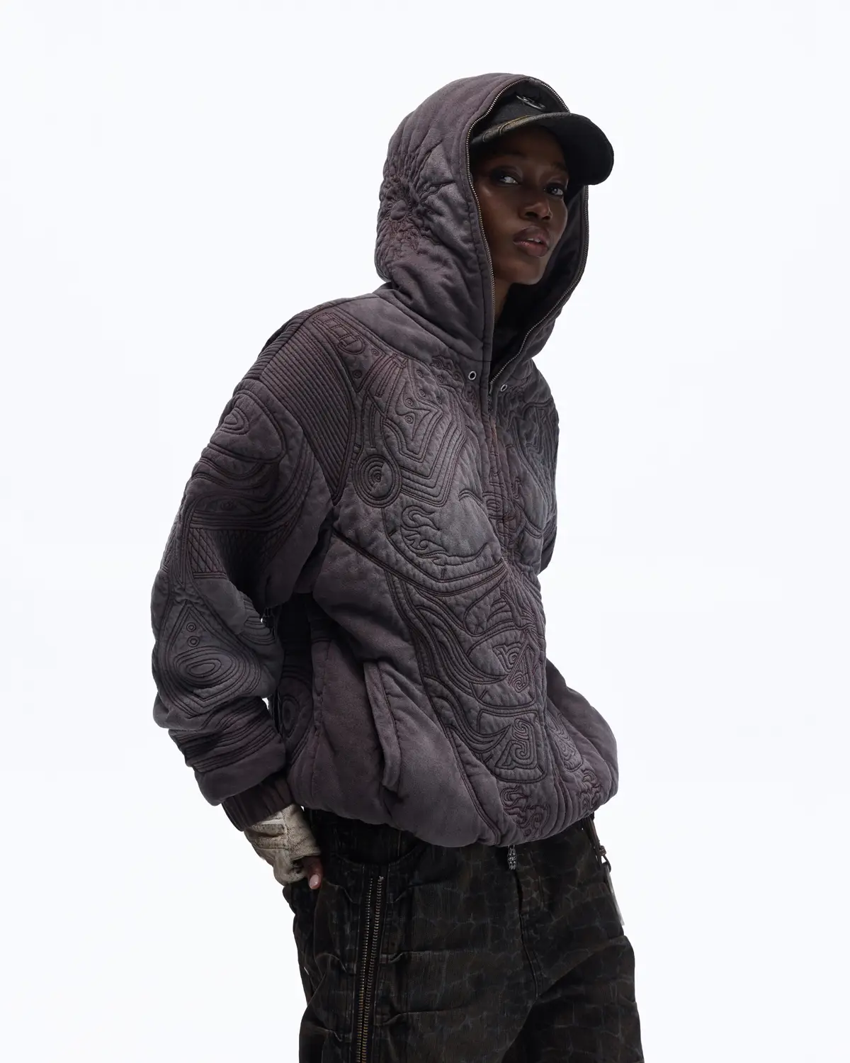 Personsoul Textured Full-Zip Hoodie with Chinese Motif Embroidery