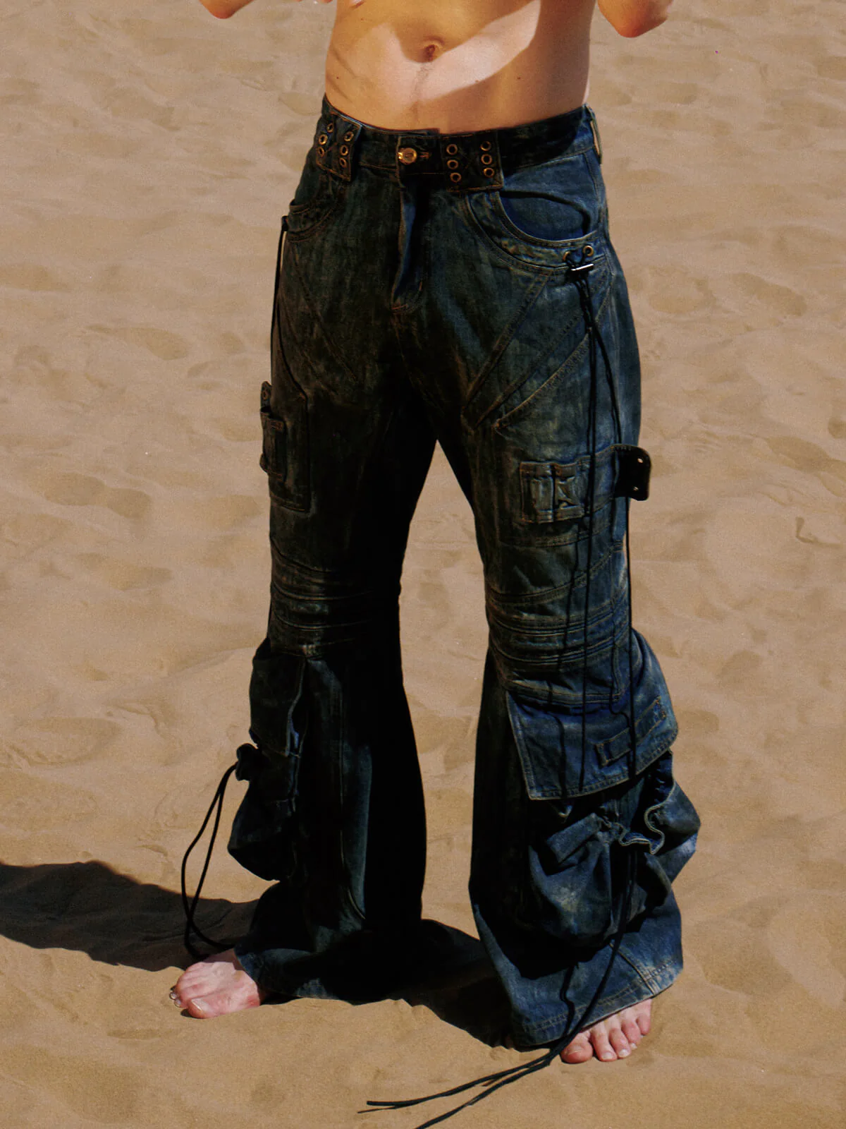 Personsoul Pocket Drawstring Washed Flared Jeans