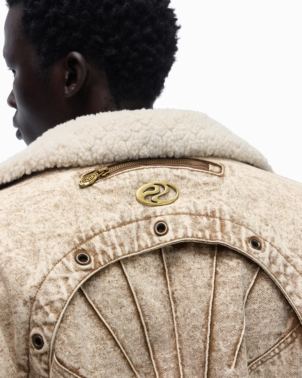 Personsoul Distressed Brown Denim Jacket with Faux-Fur Collar