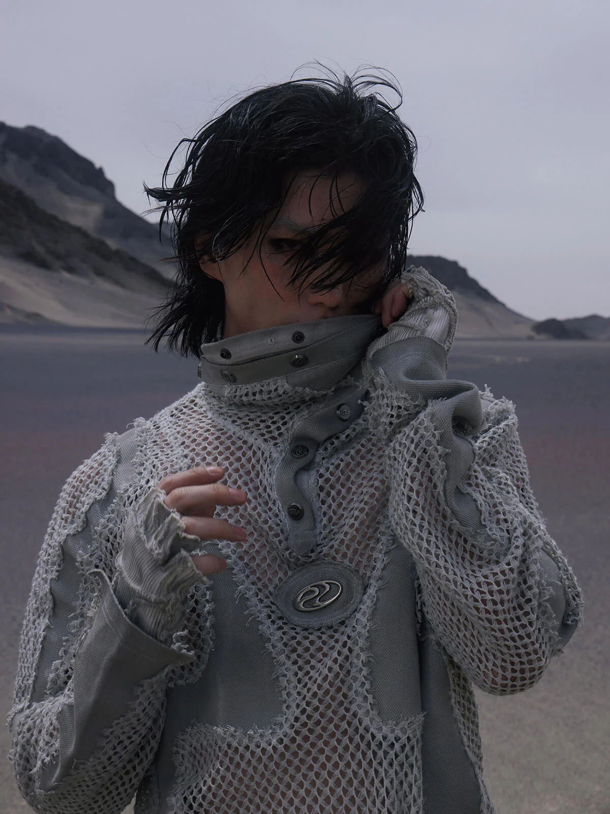 Personsoul Split Mesh Hooded Long Sleeves Top