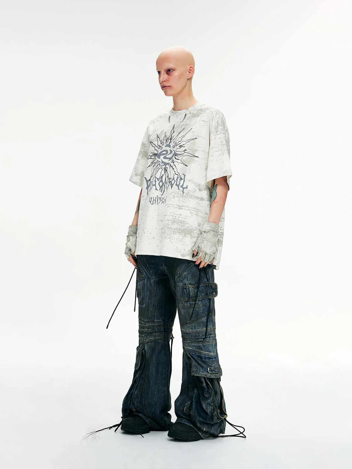 Personsoul Pocket Drawstring Washed Flared Jeans