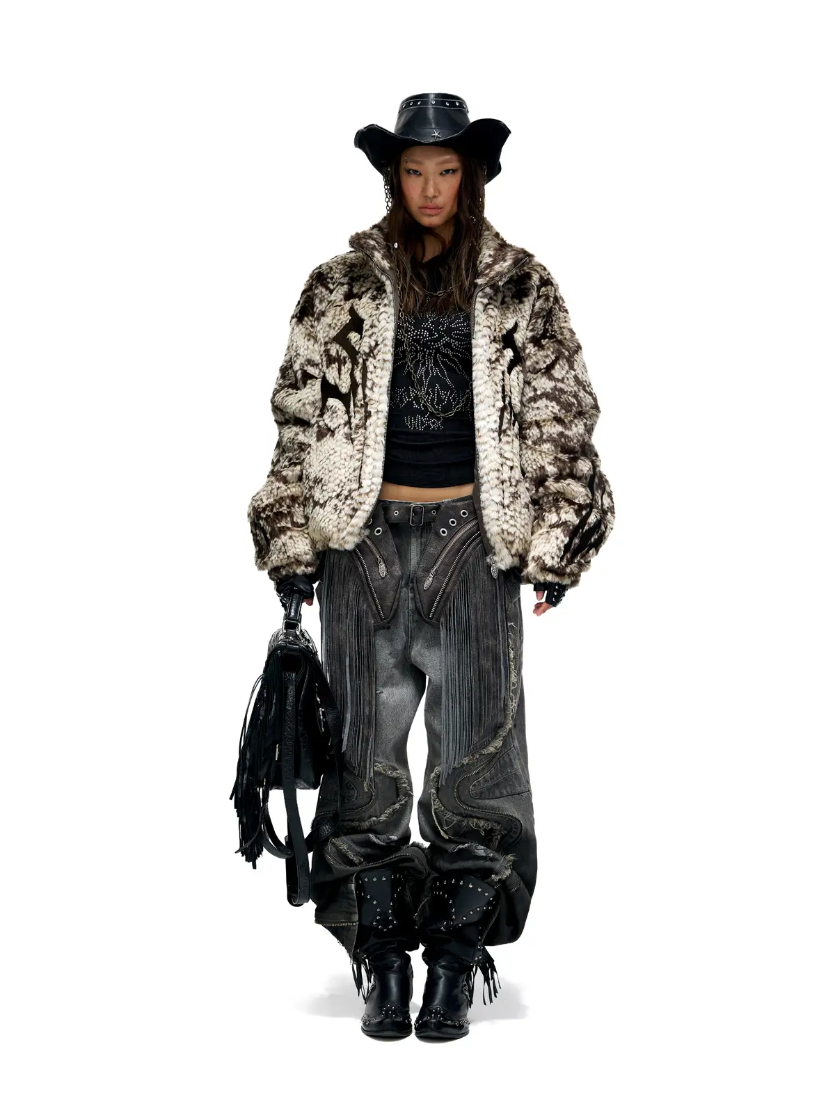 Personsoul Snake Print Faux Fur Jacket