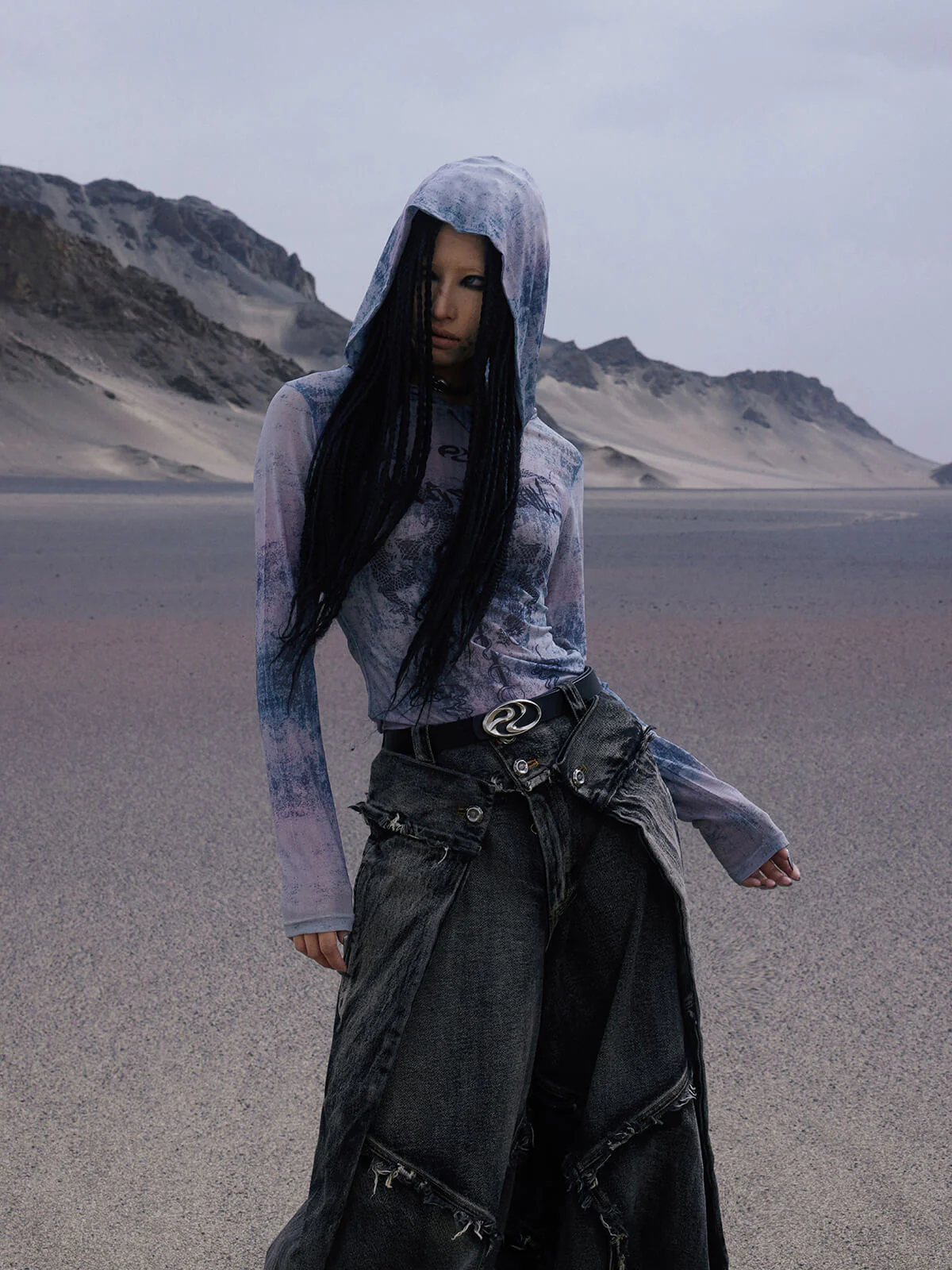 Personsoul Dragon Print Hooded Mesh Long Sleeve Top