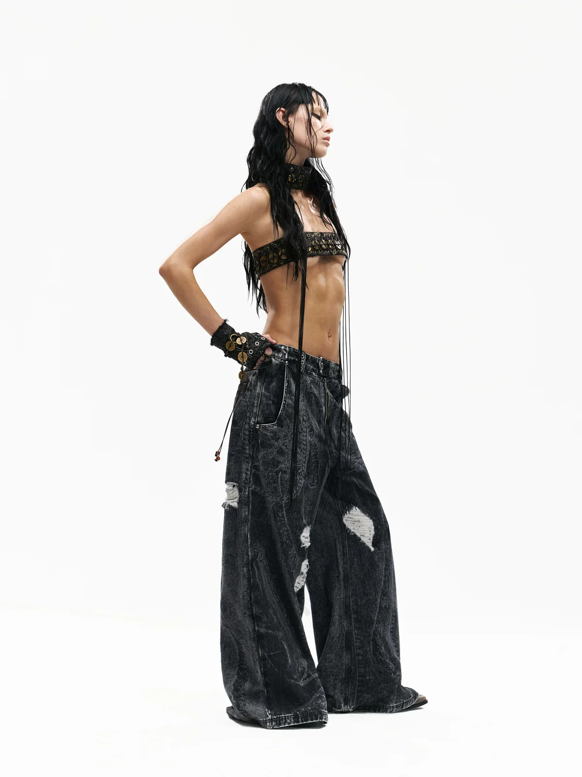 Personsoul Textured Black Print Ripped Jeans