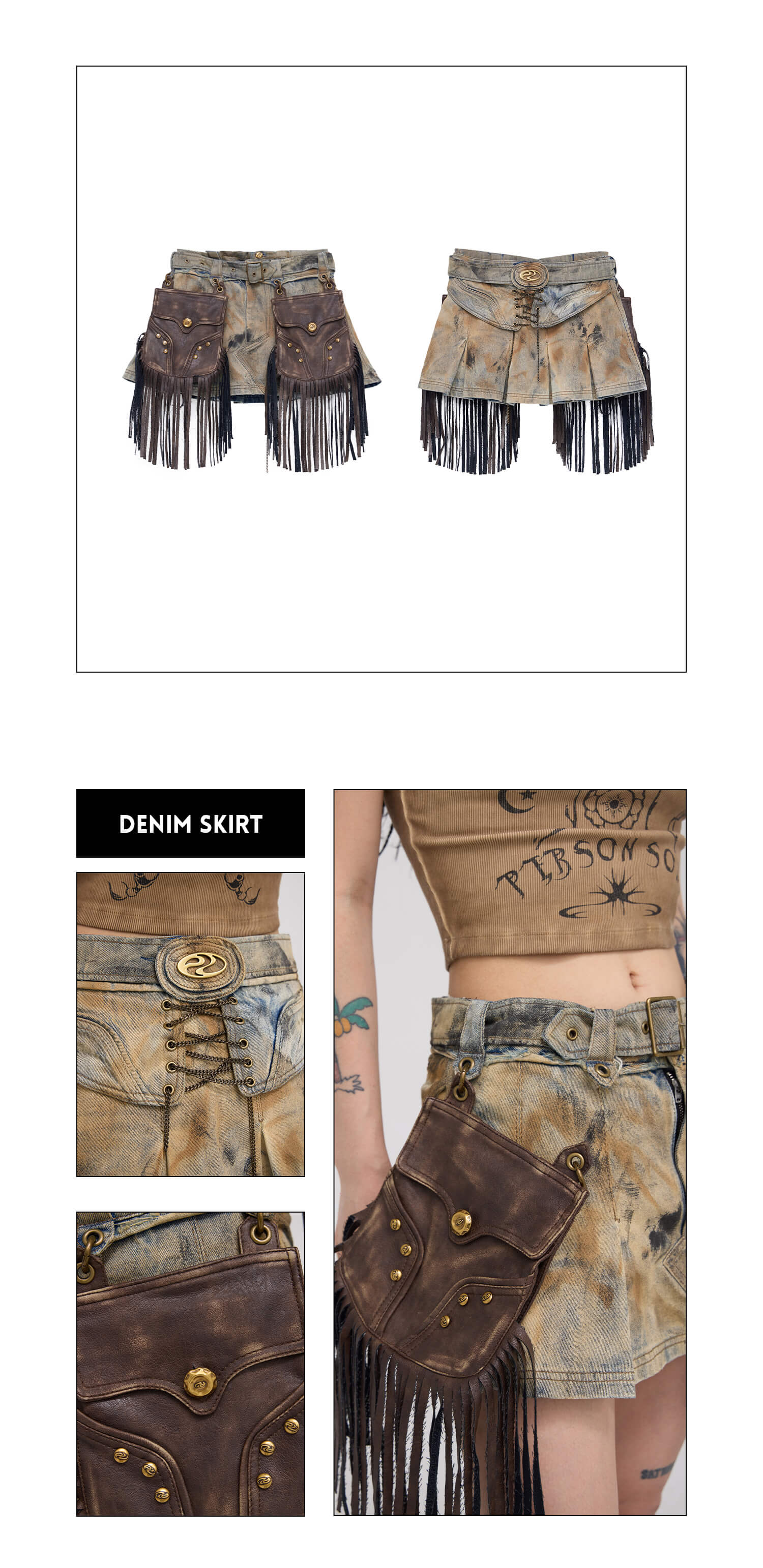 Personsoul Detachable Leather Denim Mini Skirt