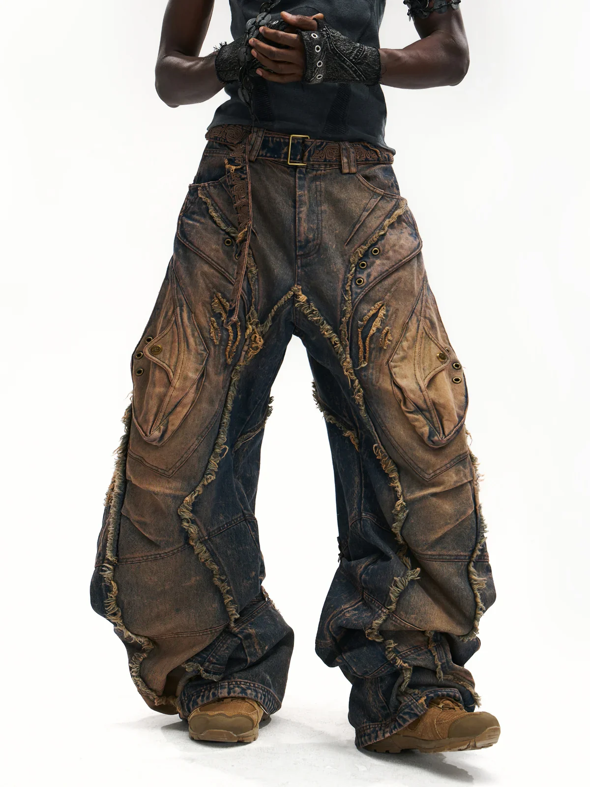 Vintage Wash Curved Leg Patchwork Jeans with Adjustable Length