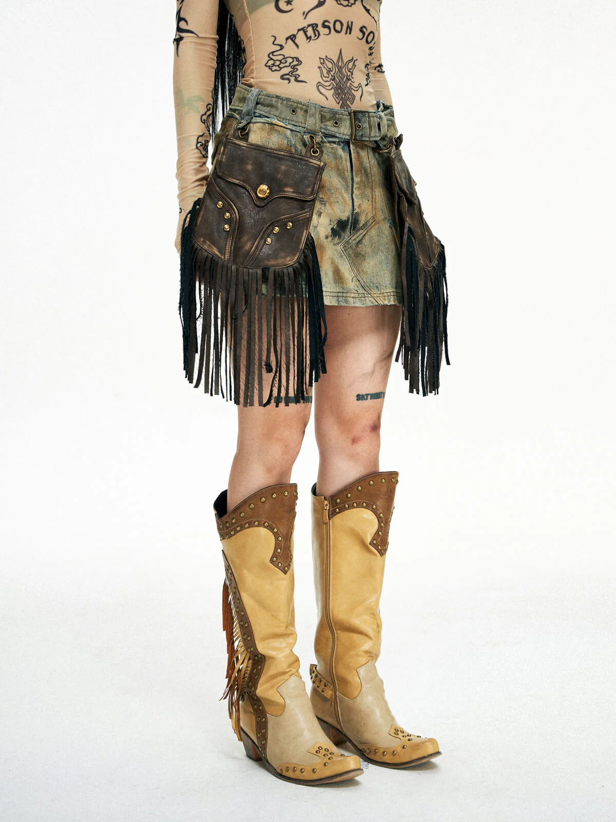 Personsoul Detachable Leather Denim Mini Skirt