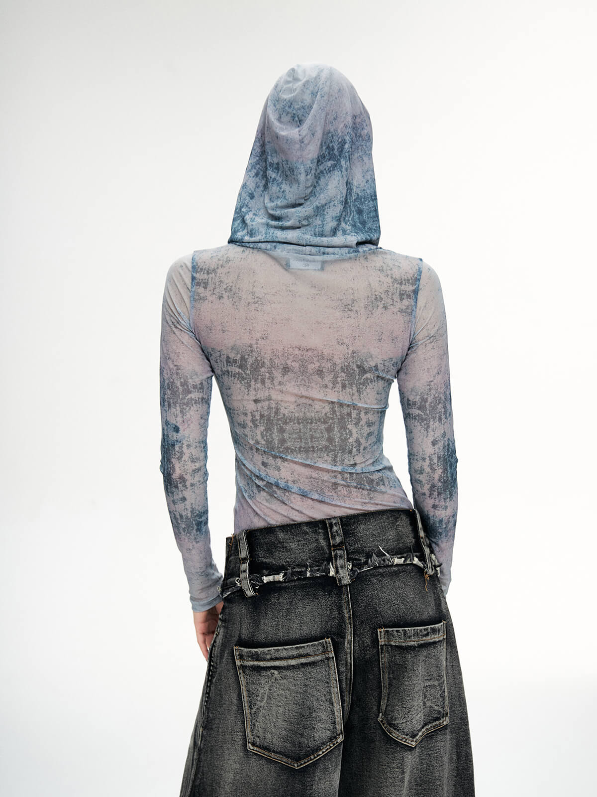 Personsoul Dragon Print Hooded Mesh Long Sleeve Top