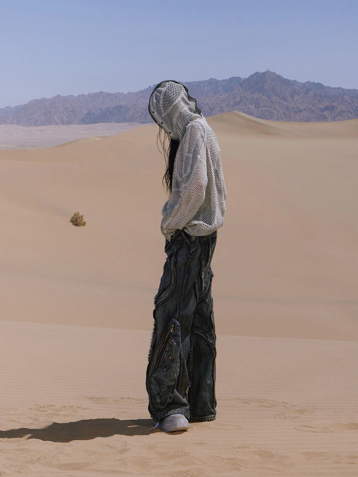 Personsoul Split Mesh Hooded Long Sleeves Top