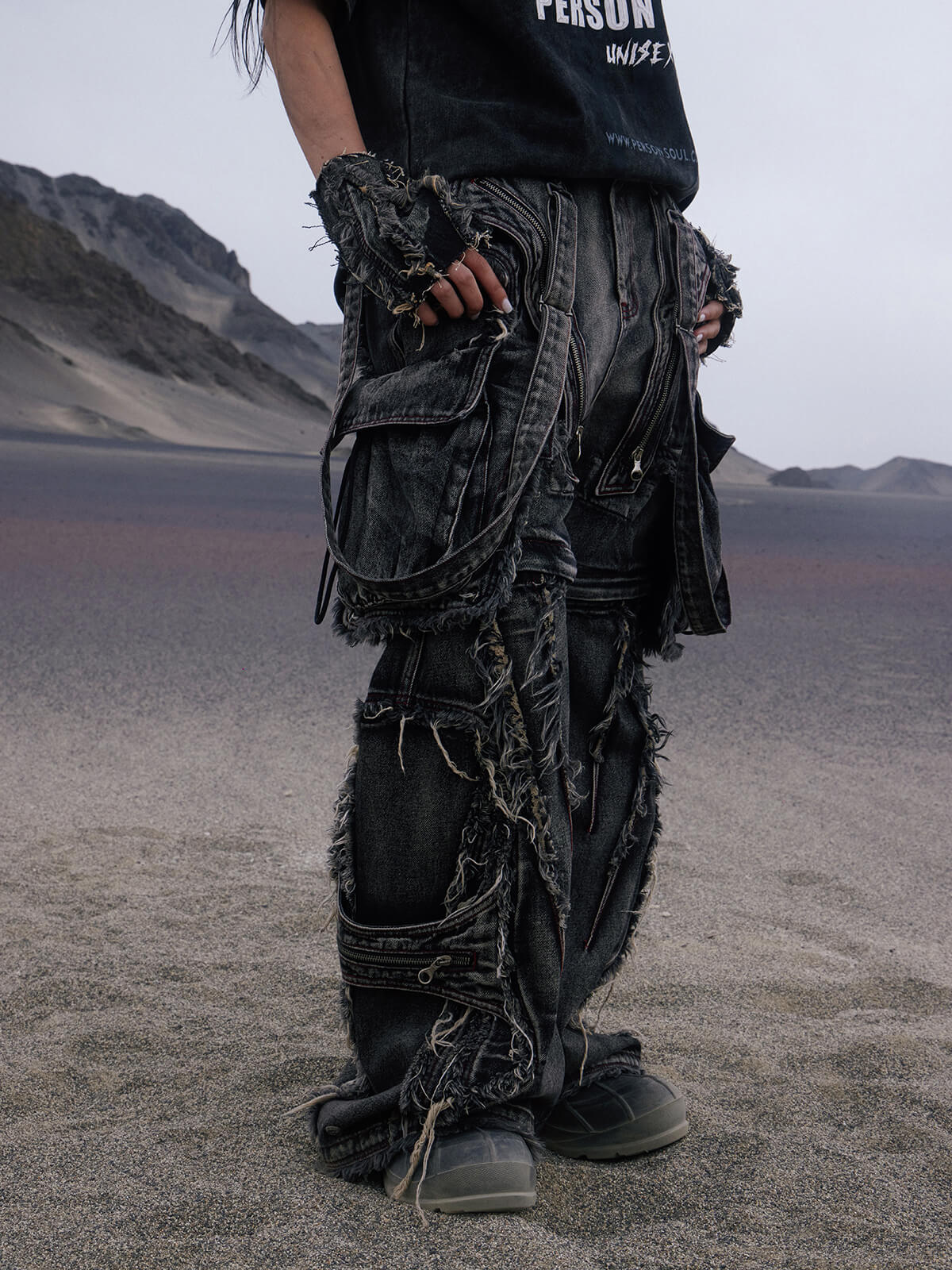 Personsoul Black Detachable Denim Overalls