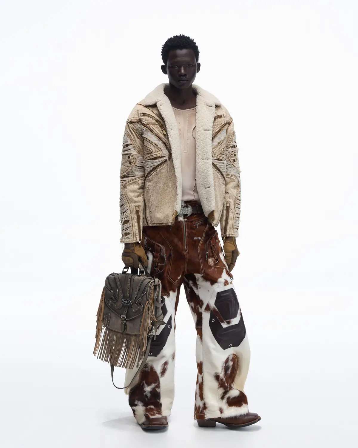 Personsoul Distressed Brown Denim Jacket with Faux-Fur Collar