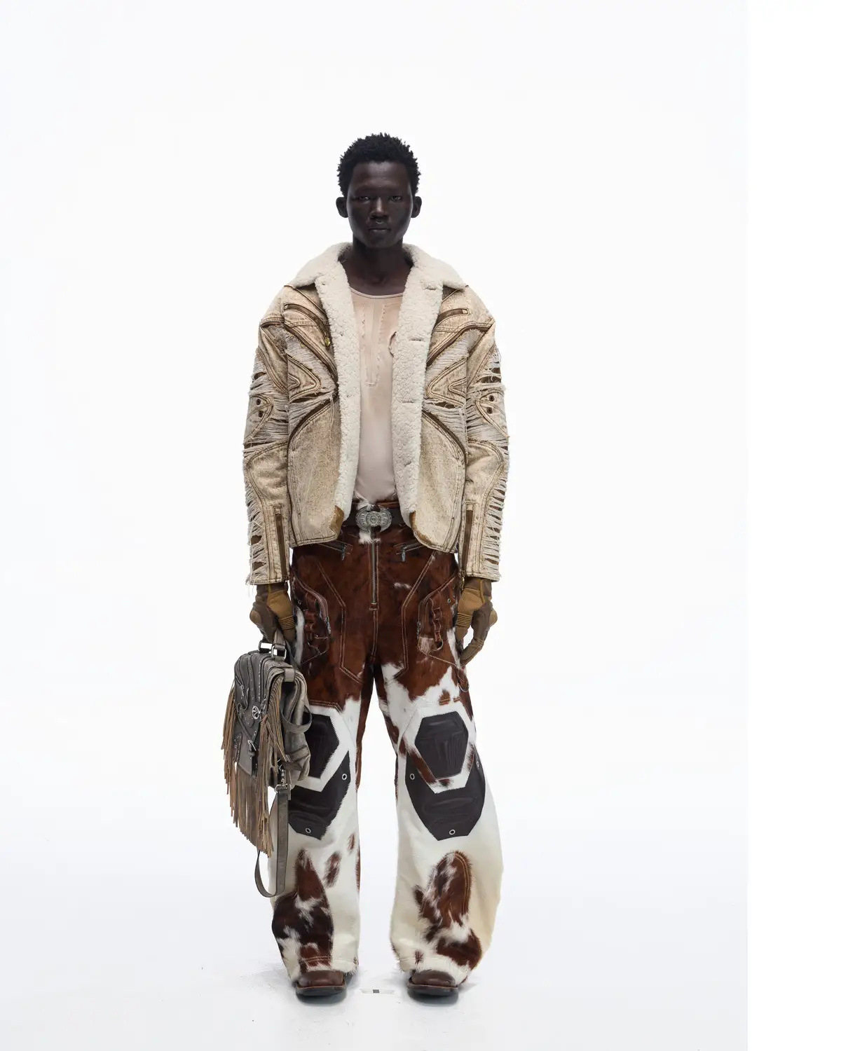 Personsoul Distressed Brown Denim Jacket with Faux-Fur Collar