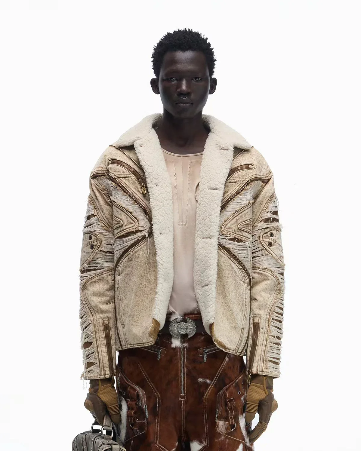 Personsoul Distressed Brown Denim Jacket with Faux-Fur Collar