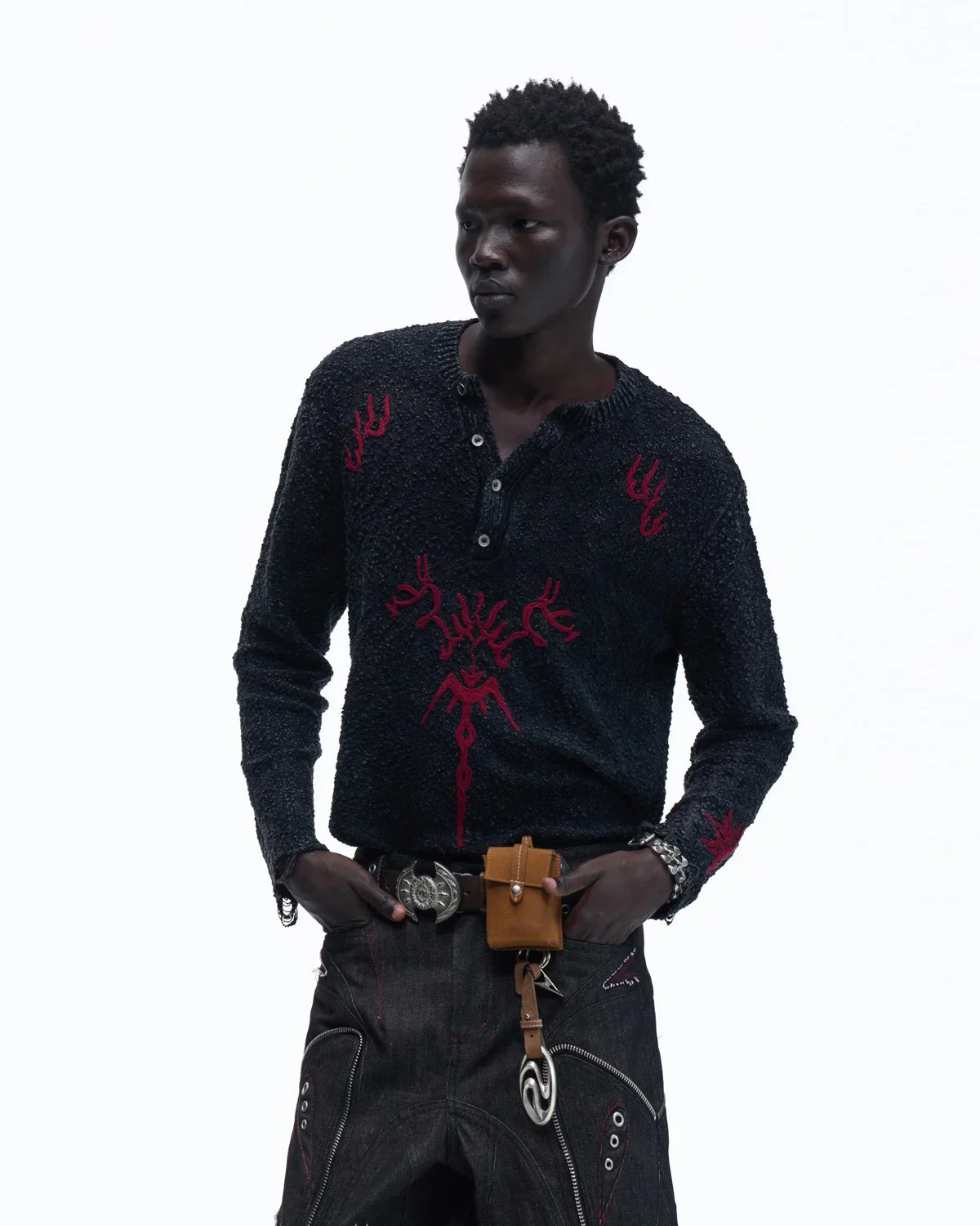 Personsoul Pom-Pom Long-Sleeve Henley Shirt