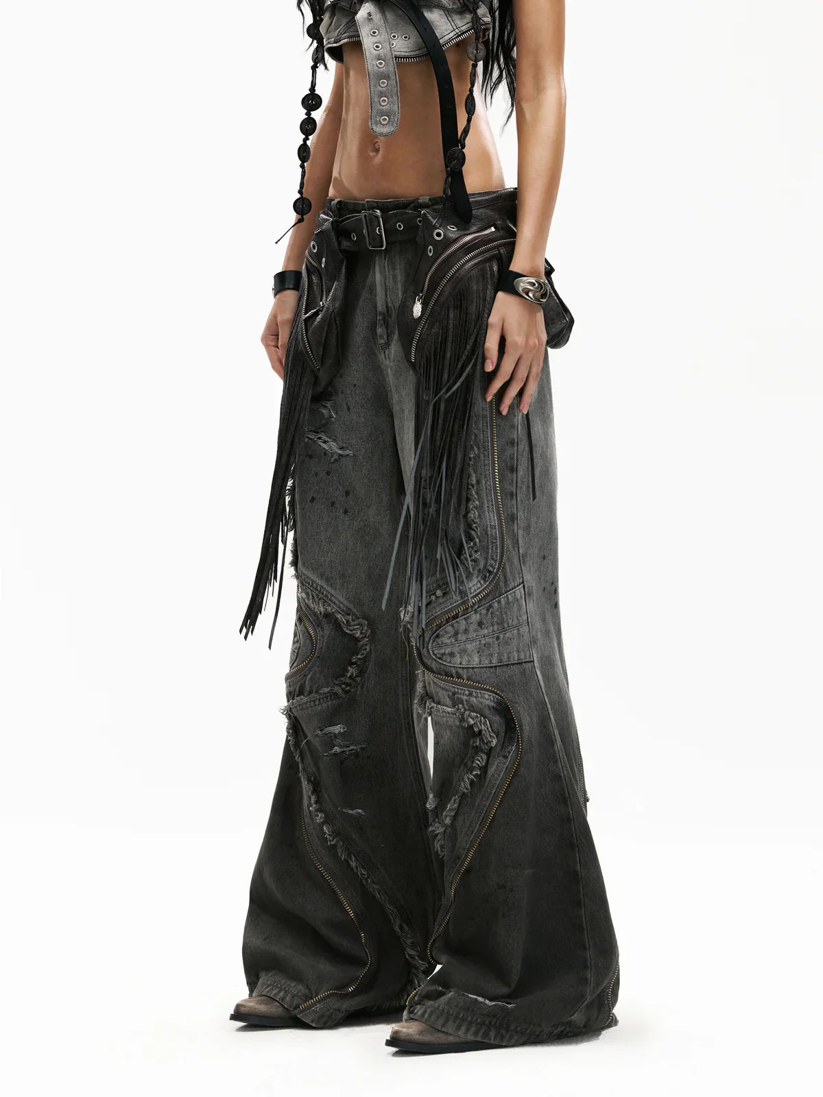 Personsoul Fringed Belt Raw Edge Jeans