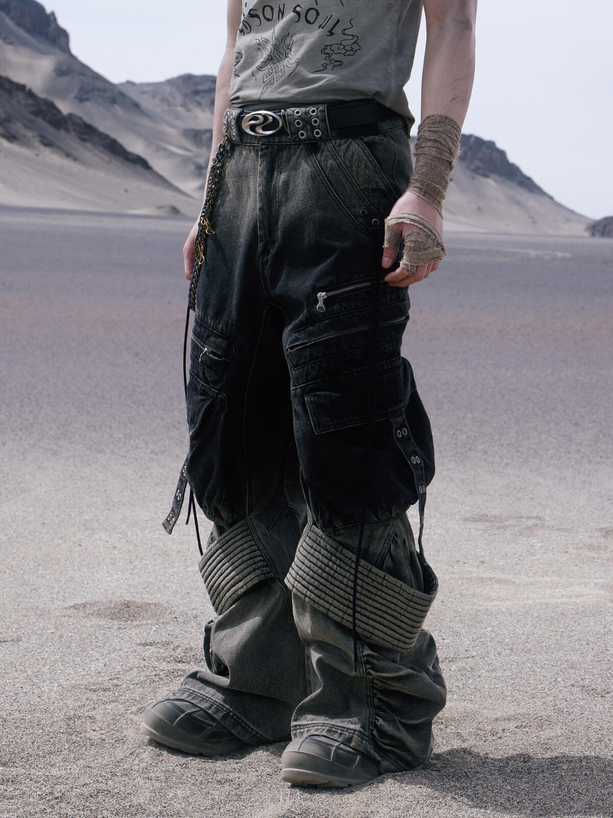 Personsoul Desert Distressed Denim Cargo Pants