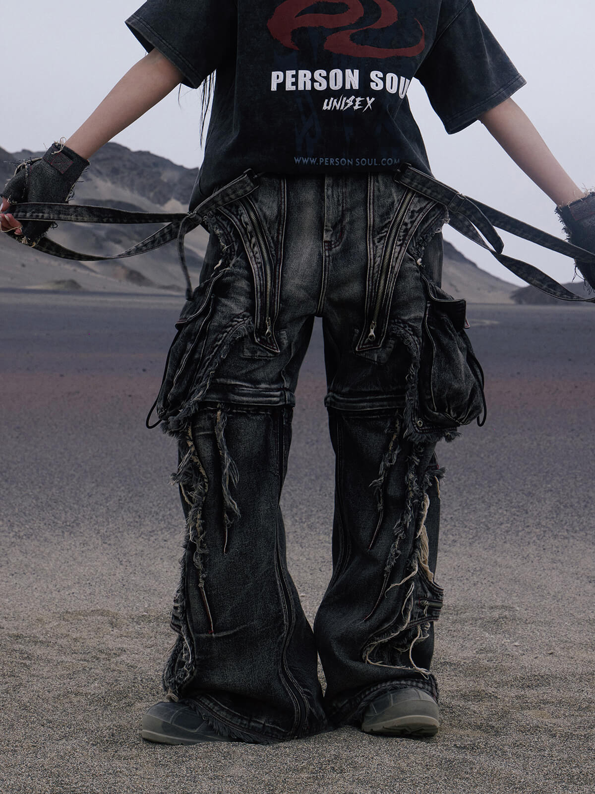 Personsoul Black Detachable Denim Overalls