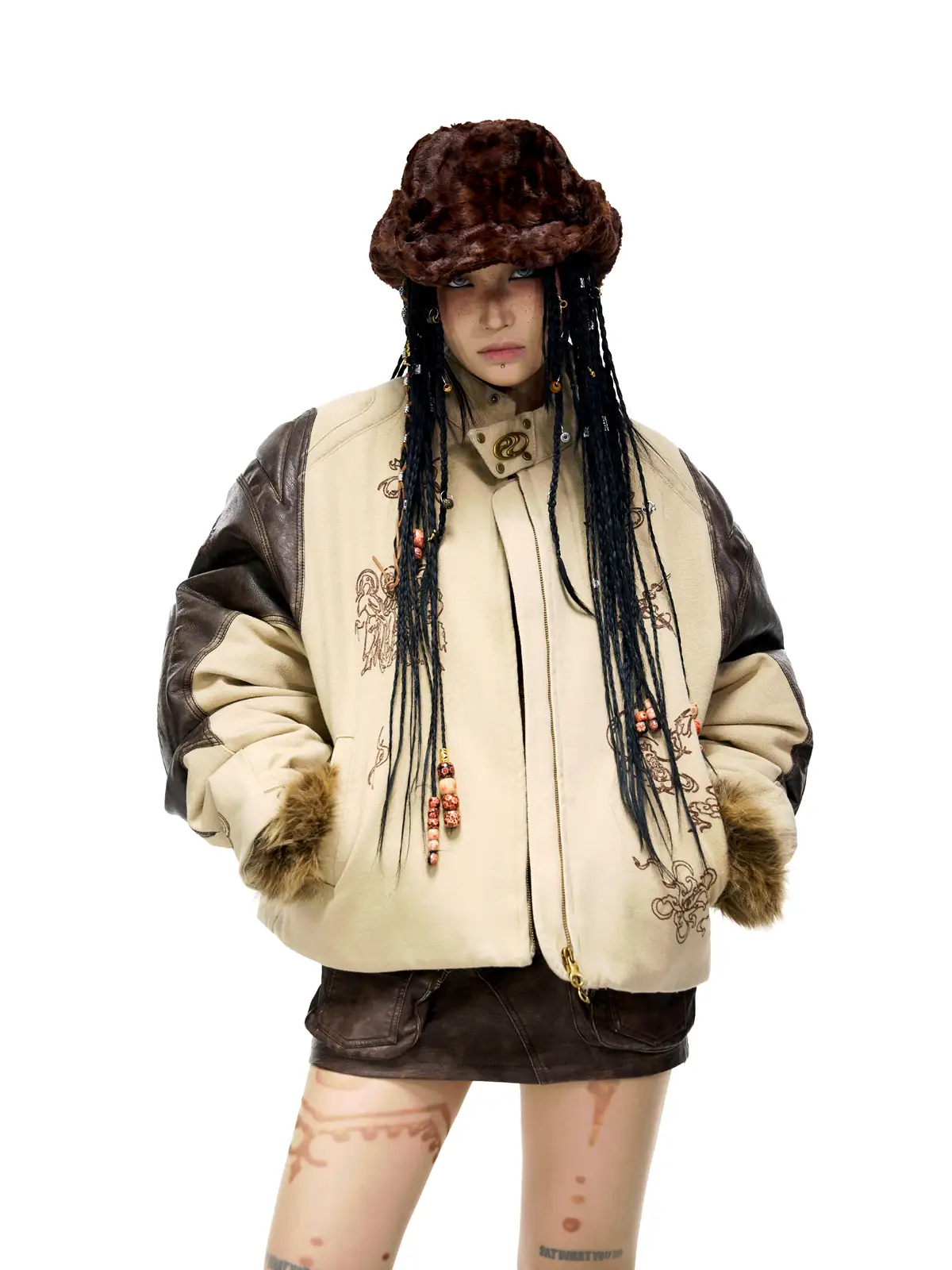 Personsoul Leather Patchwork Cotton Jacket