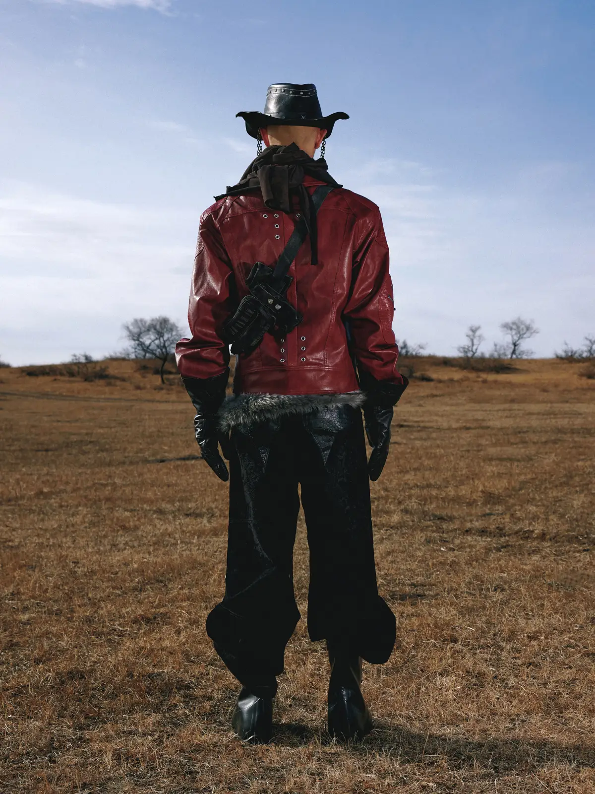 Personsoul Croc Effect Panel Leather Jacket