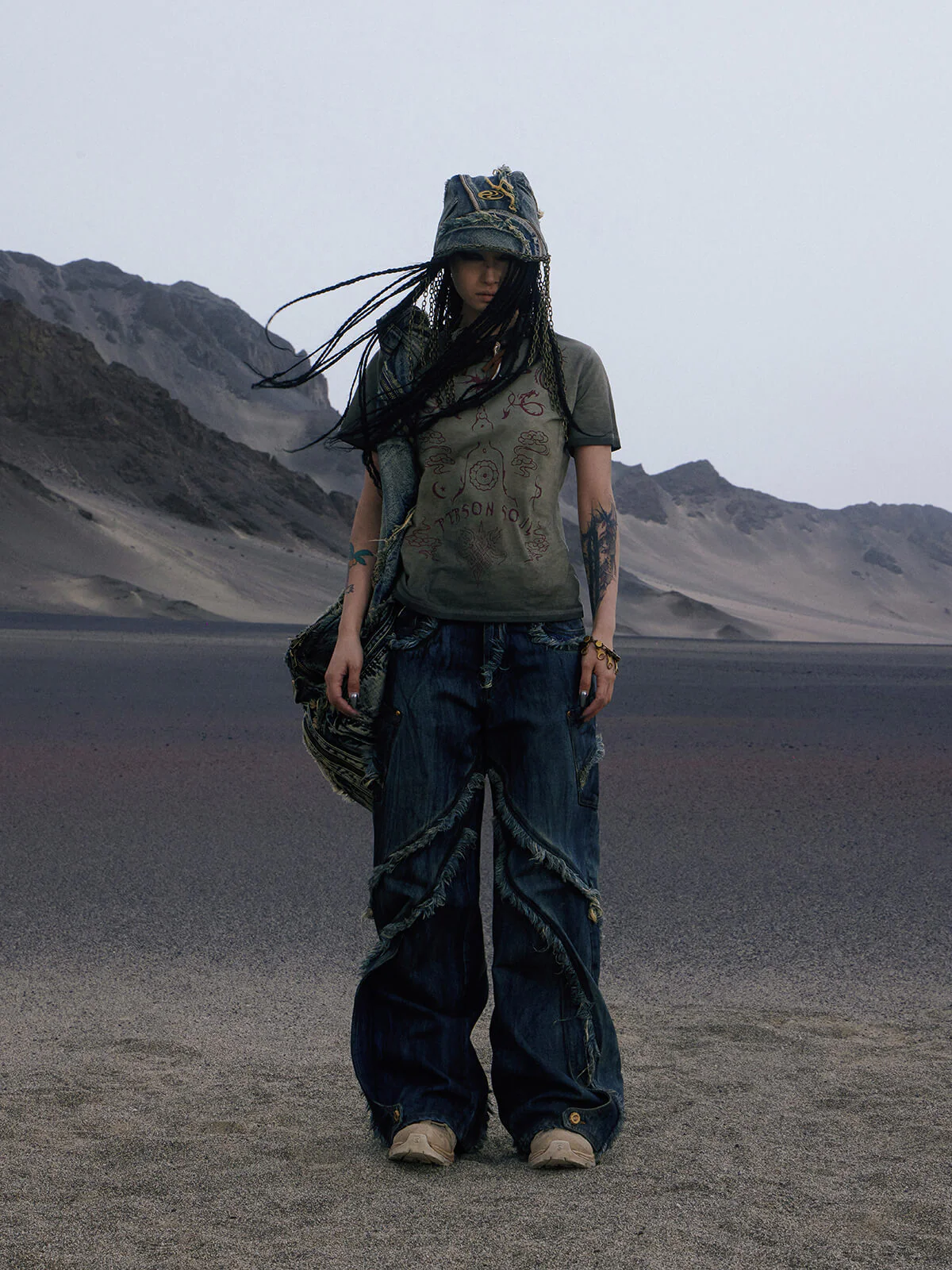 Personsoul Tie-Dye Raw-Edge Baggy Jeans