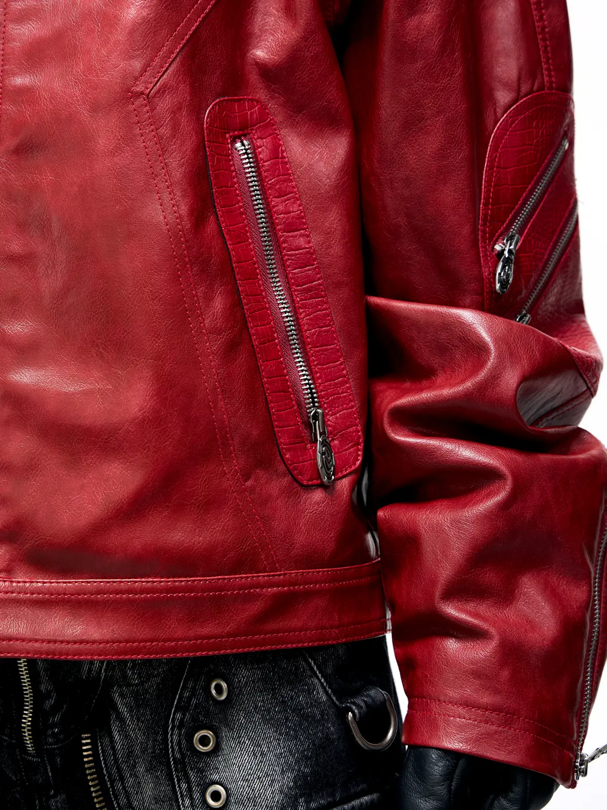 Personsoul Croc Effect Panel Leather Jacket