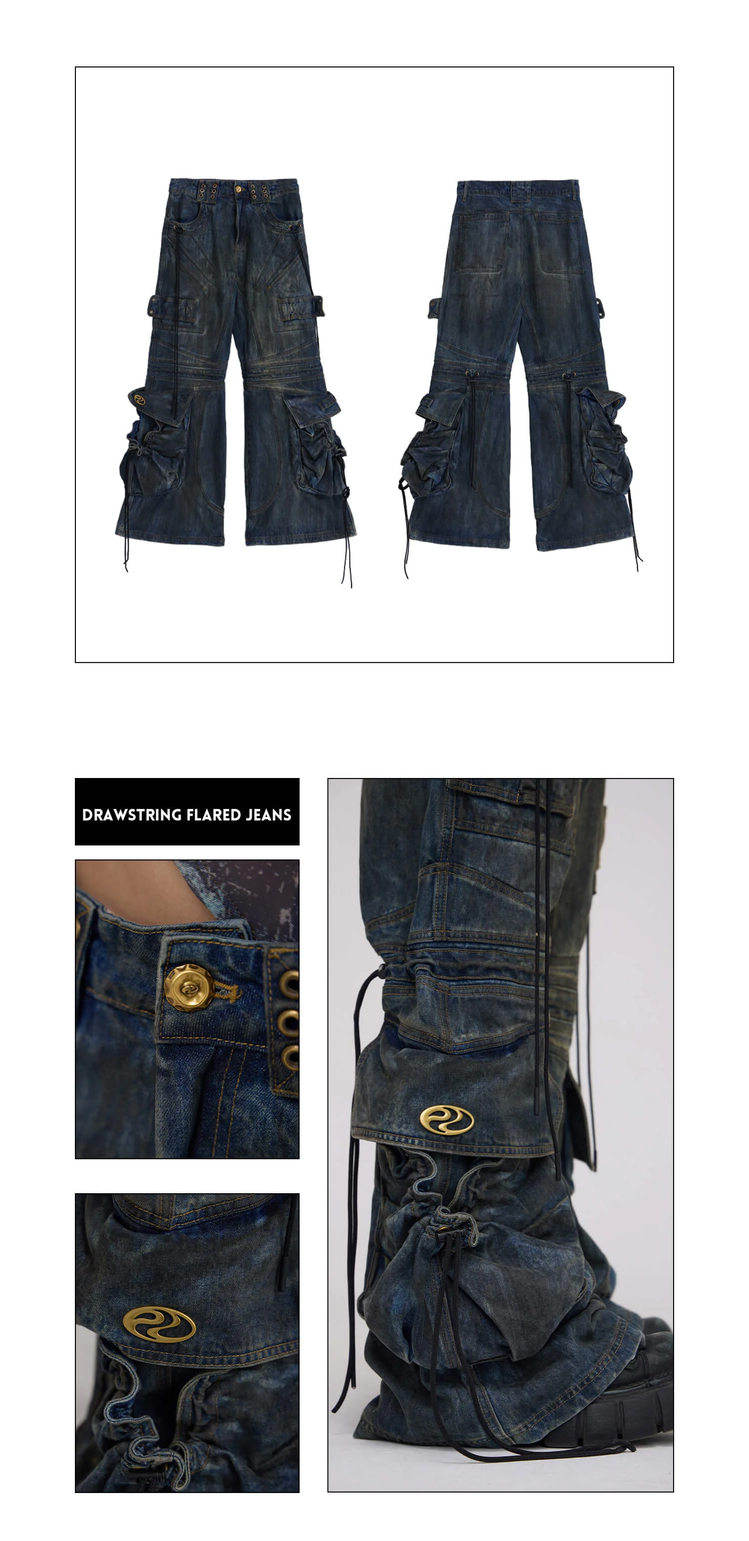 Personsoul Pocket Drawstring Washed Flared Jeans