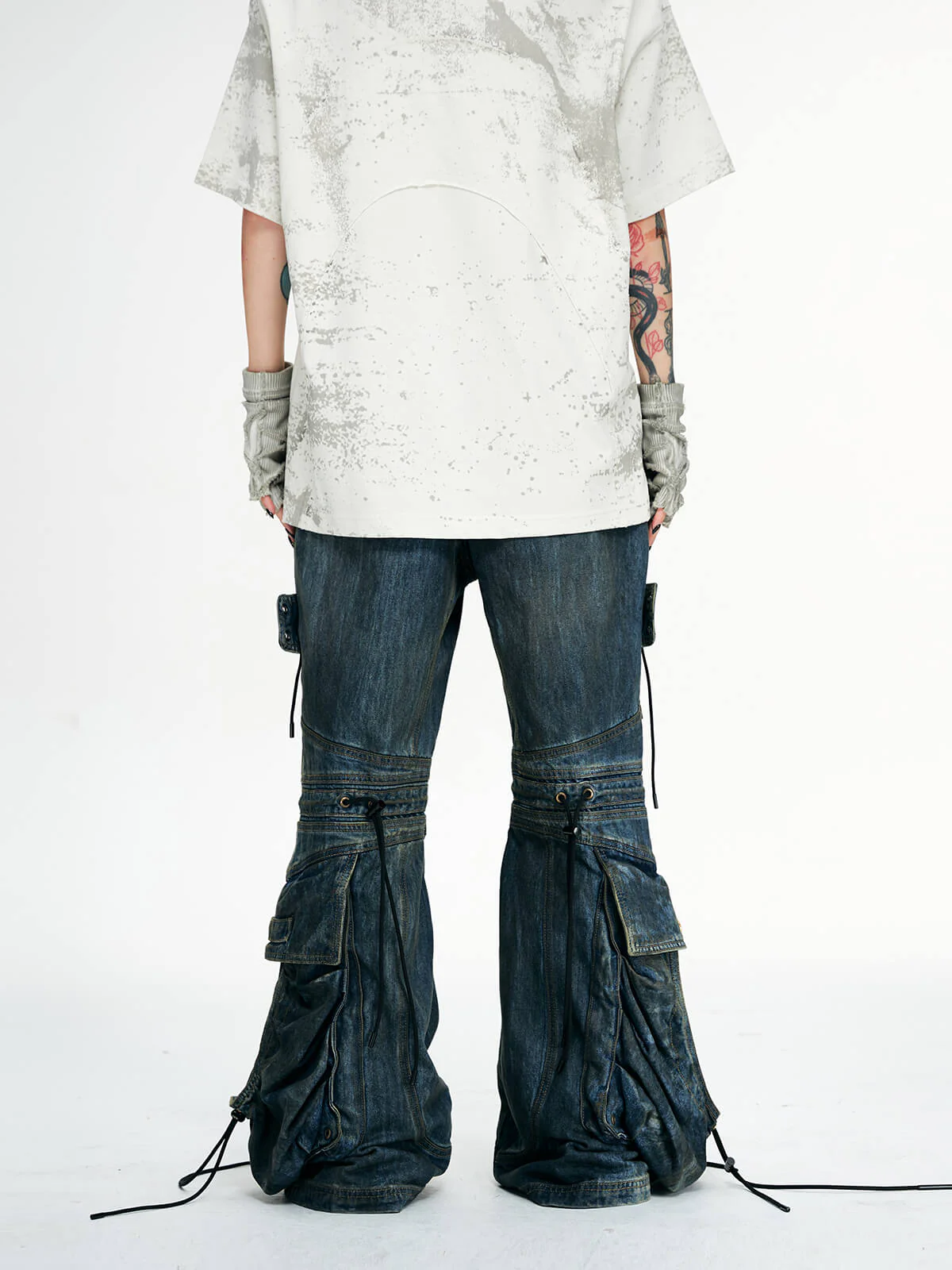 Personsoul Pocket Drawstring Washed Flared Jeans
