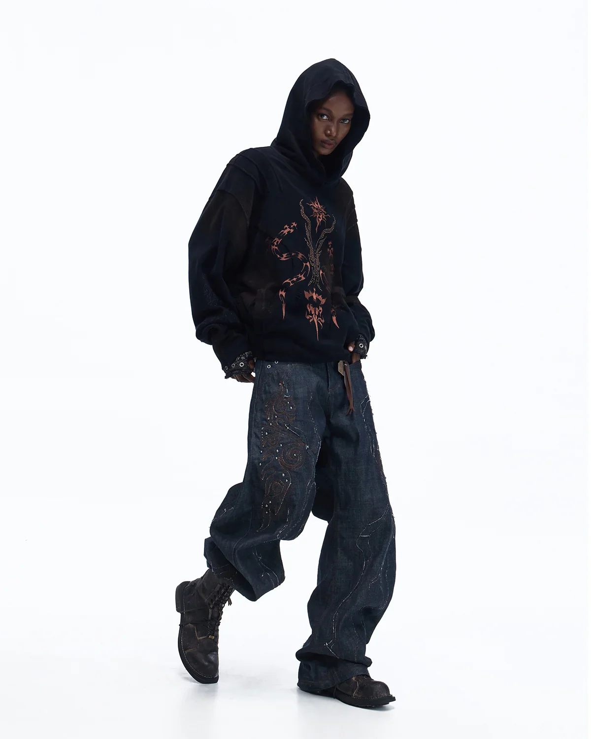 Personsoul Rhinestone Embroidered Hoodie In Black