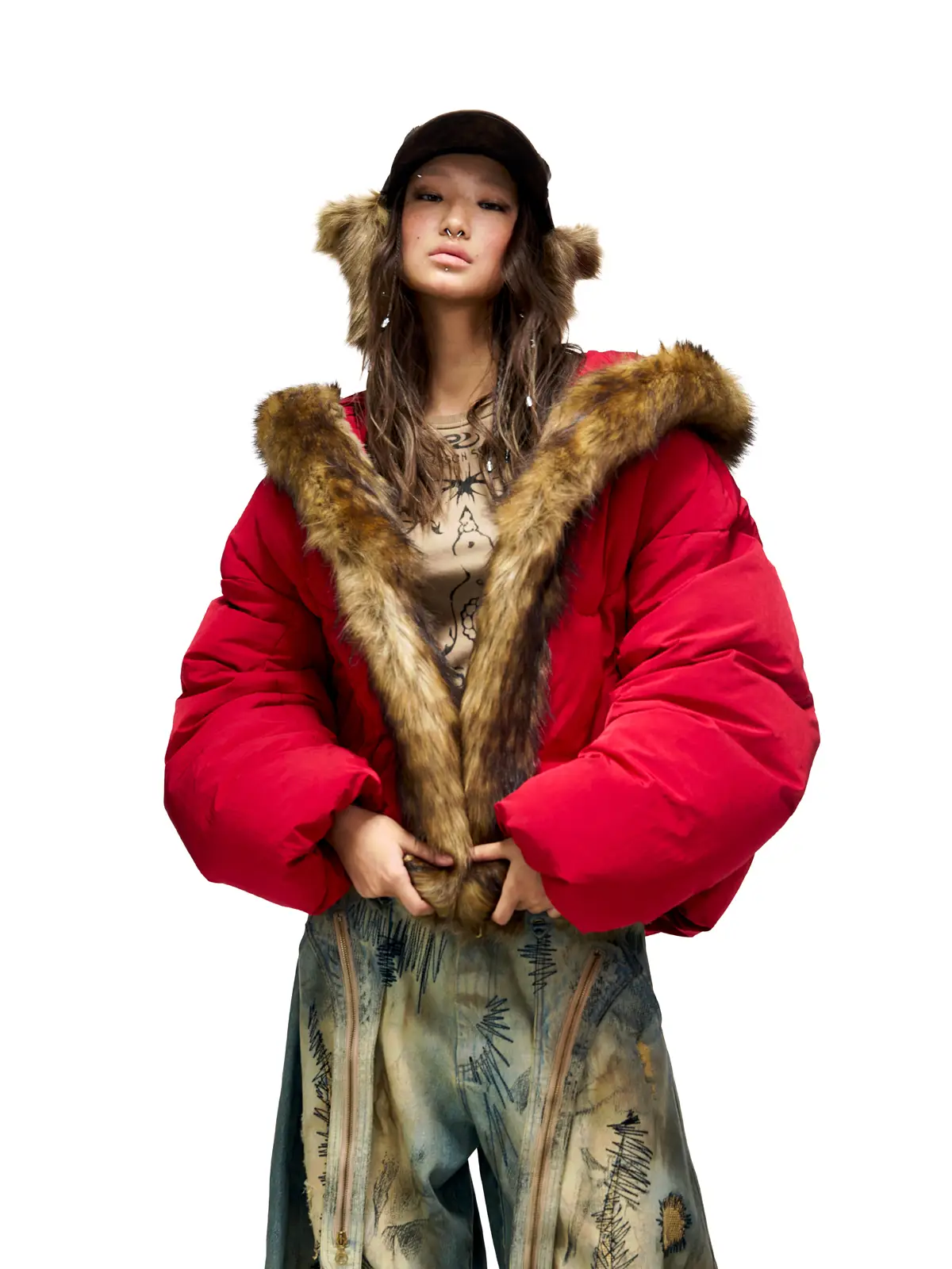 Personsoul Embroidery Fur Collar Down Jacket