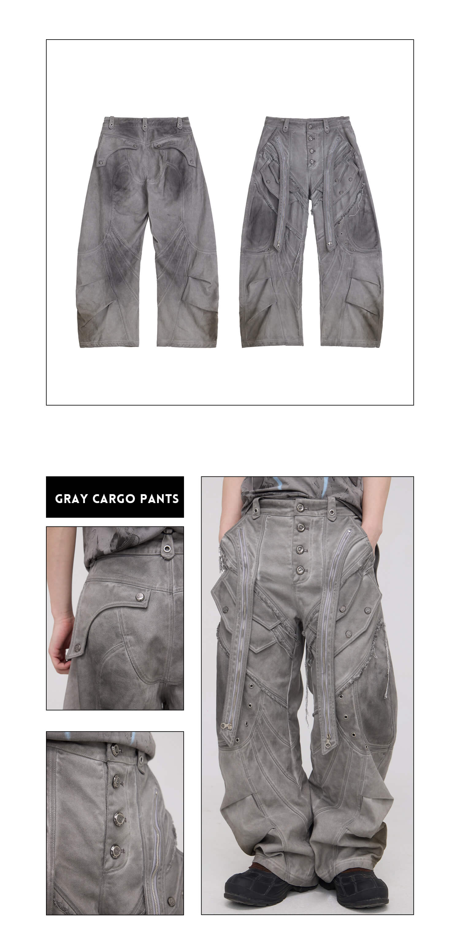 Personsoul Split Deconstructed Gray Cargo Pants