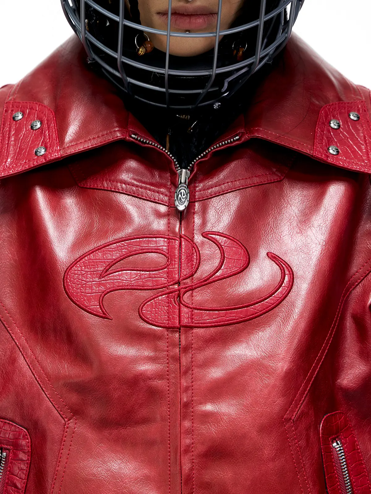Personsoul Croc Effect Panel Leather Jacket
