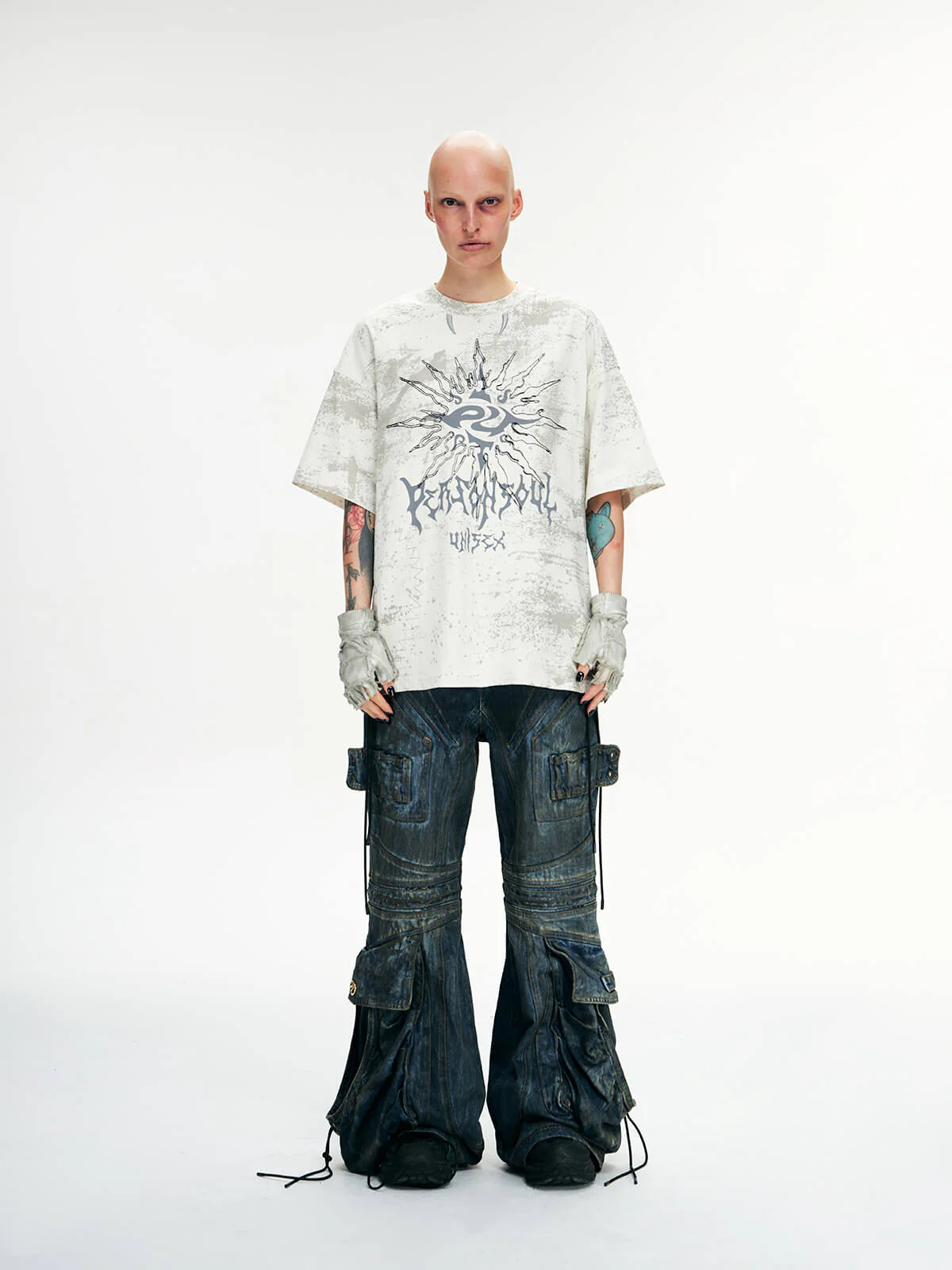 Personsoul Pocket Drawstring Washed Flared Jeans