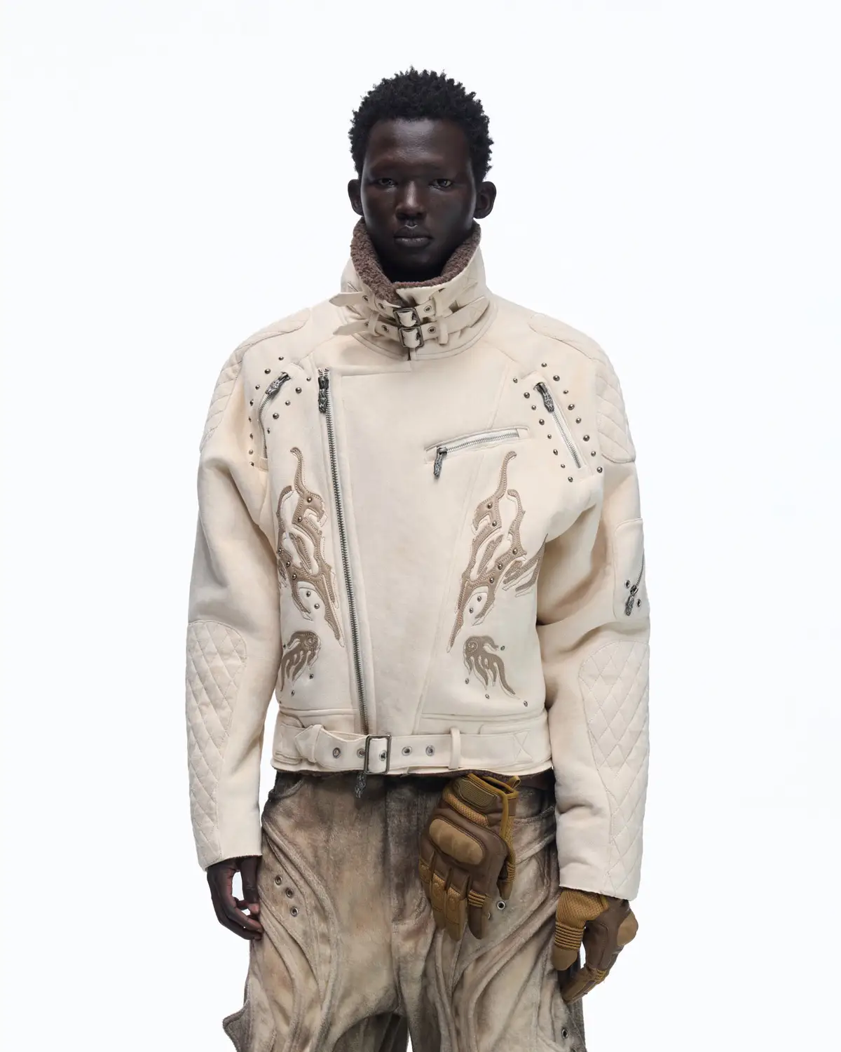 Personsoul Lightning Totem Stand Collar Jacket In White