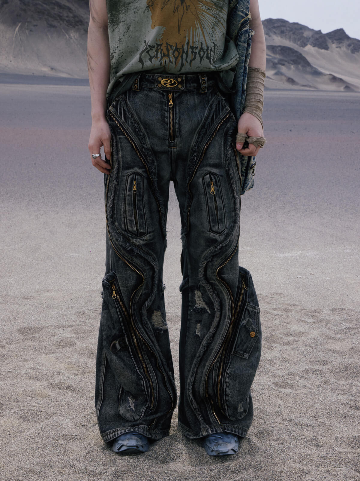 Personsoul Dirty Ripped Denim Baggy Jeans