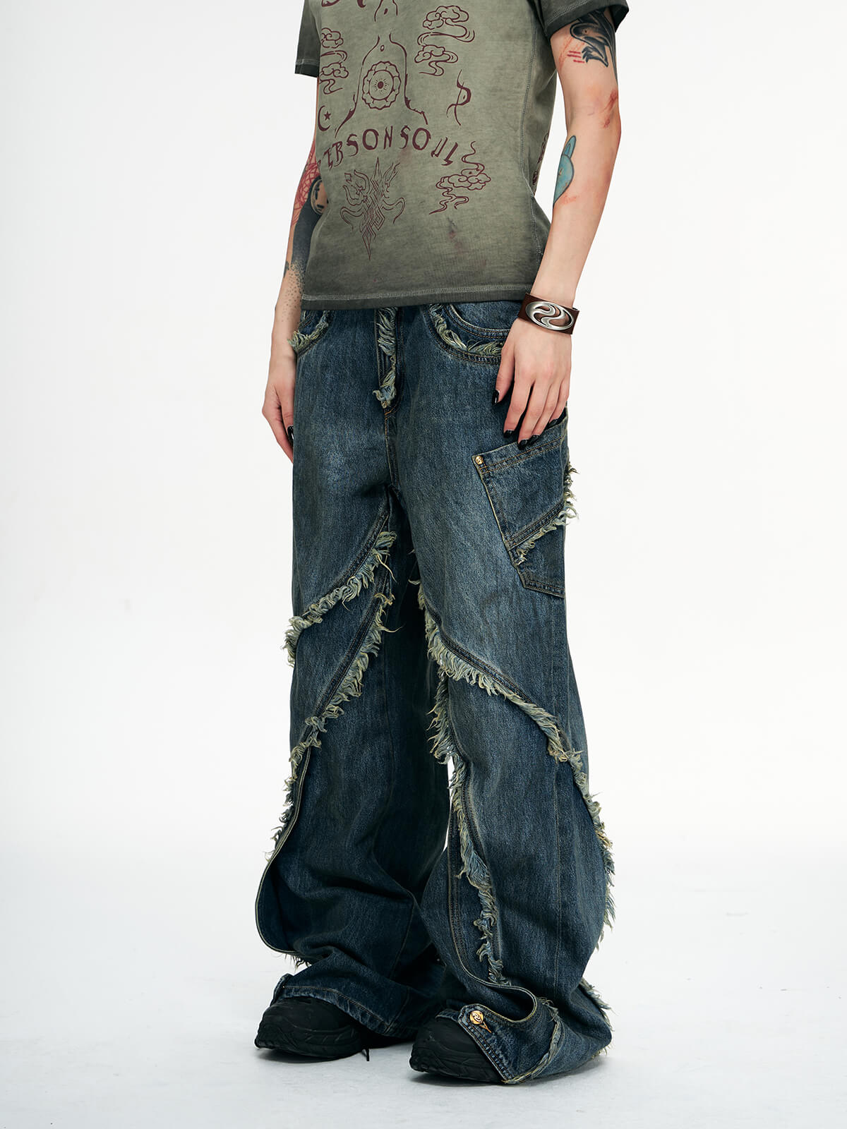 Personsoul Tie-Dye Raw-Edge Baggy Jeans