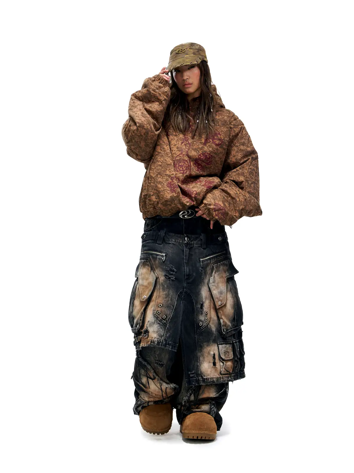 Personsoul Armor Faux Skirt Mud Dye Cargo Pants(limited)