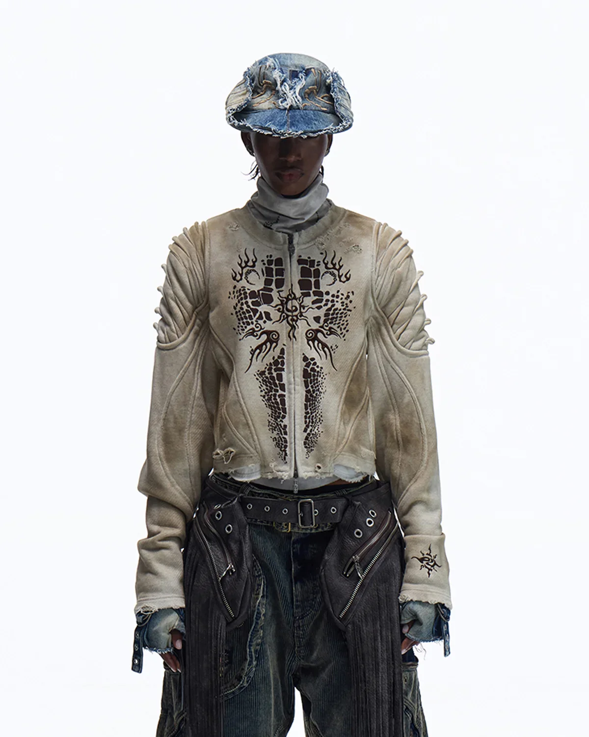 Personsoul Crocodile-print Slim-fit Cropped Jacket