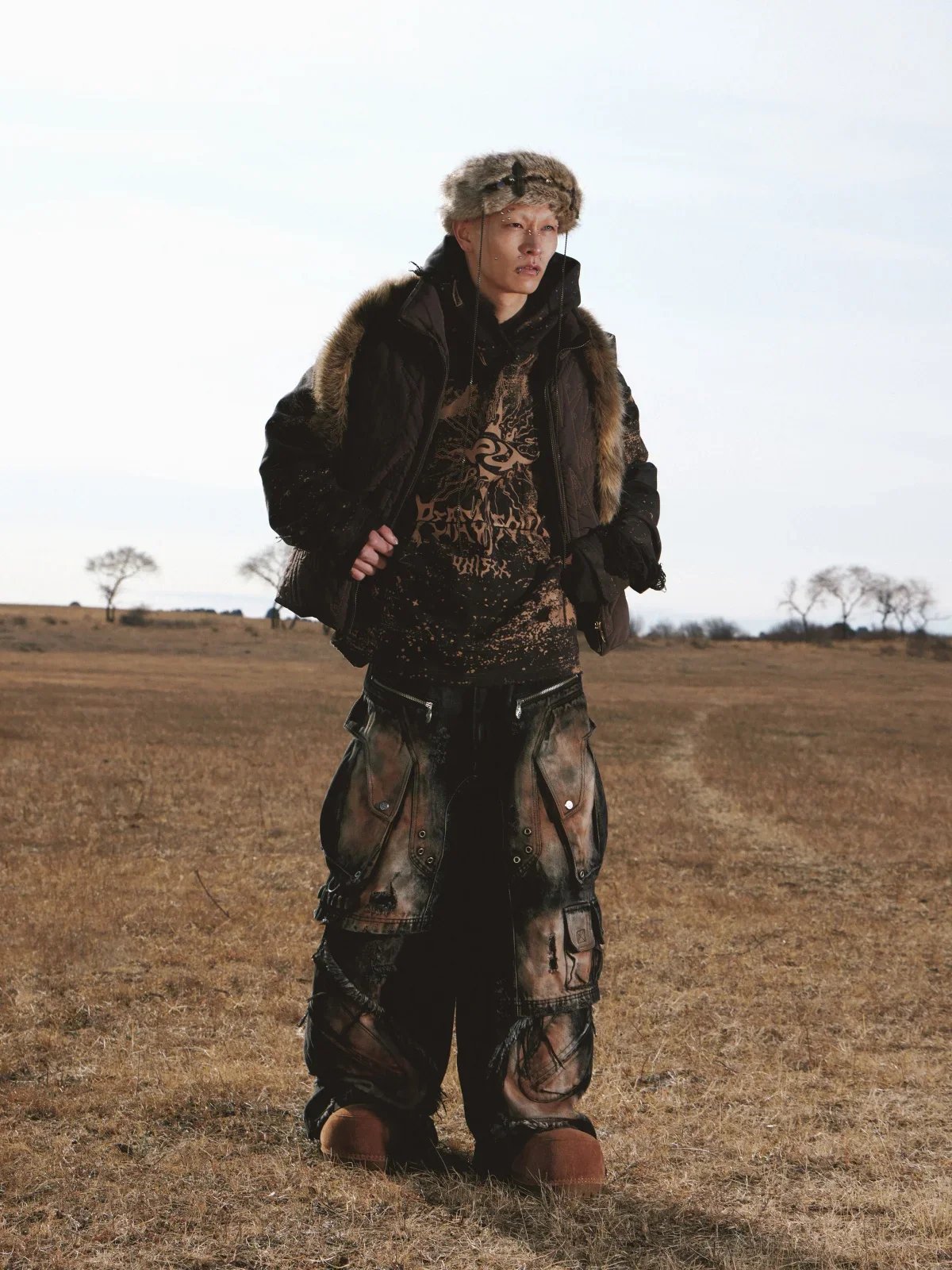 Personsoul Armor Faux Skirt Mud Dye Cargo Pants(limited)