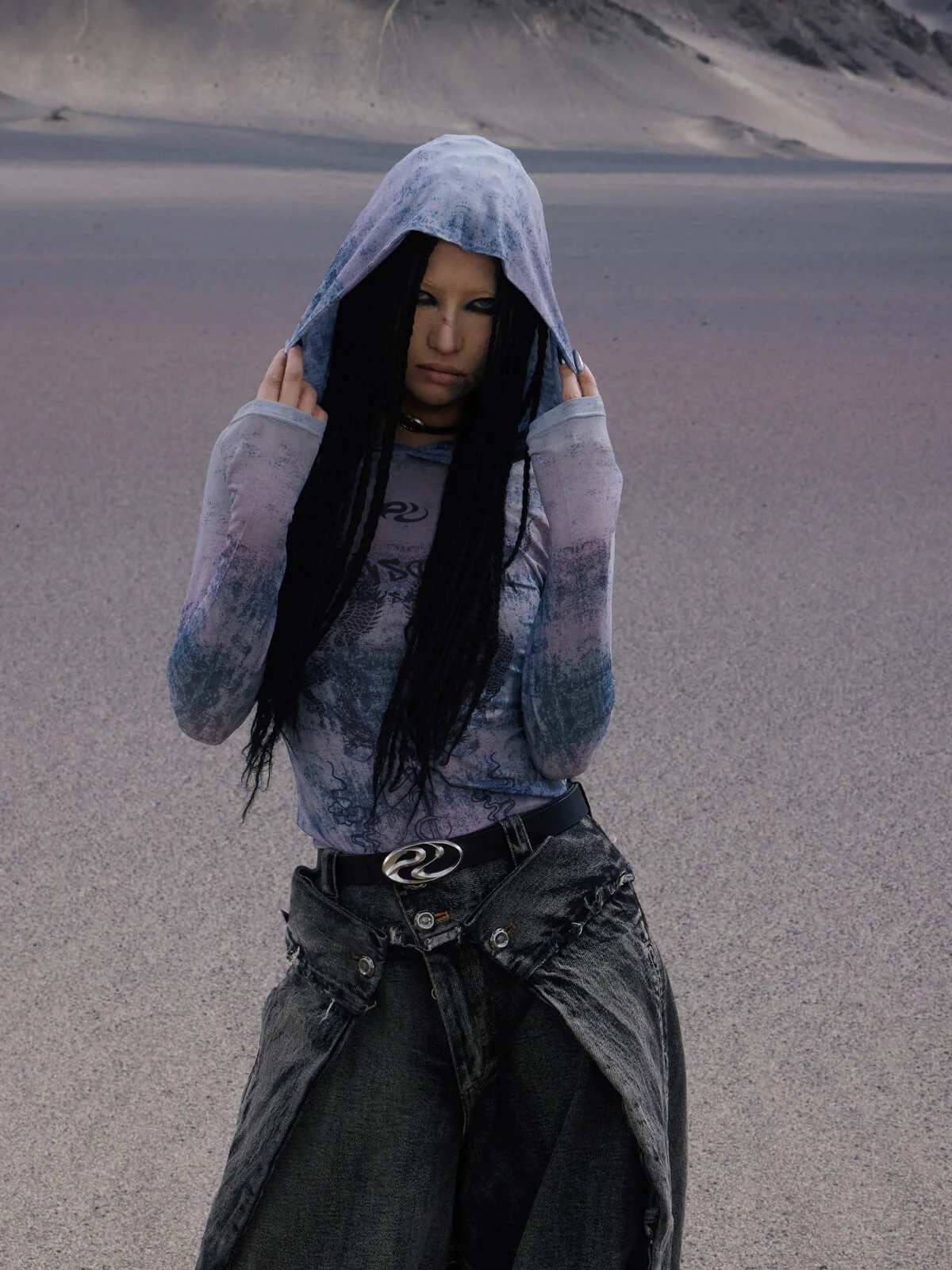 Personsoul Dragon Print Hooded Mesh Long Sleeve Top