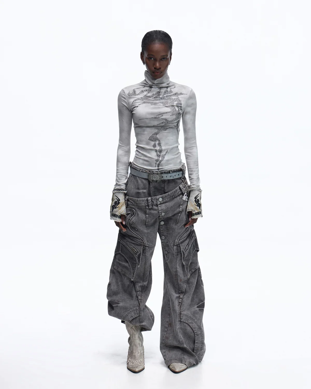 Personsoul Mock Double-Waist Wide-Leg Cargo Pants