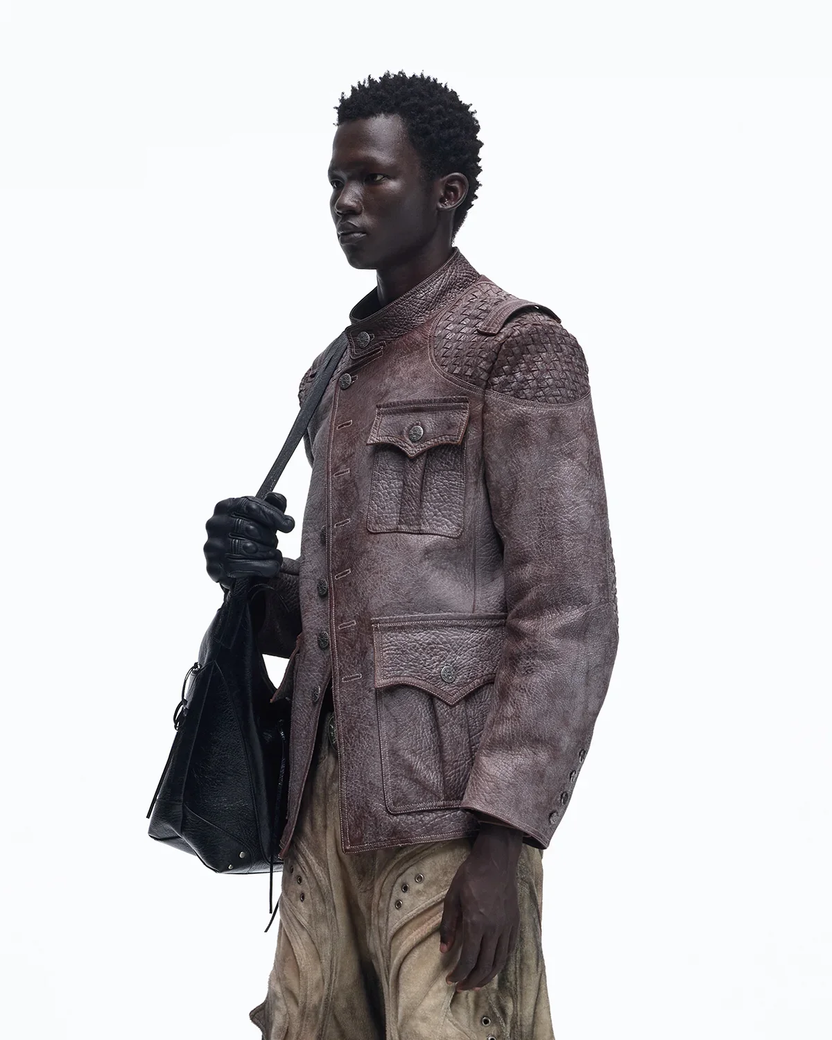 Personsoul Asymmetrical Front Elephant-Embossed Leather Jacket(Limited 100 pieces)