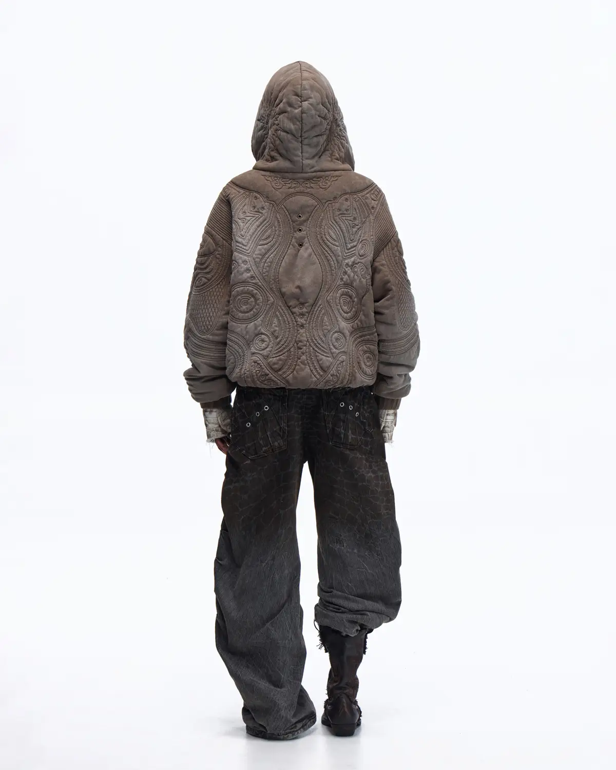 Personsoul Textured Full-Zip Hoodie with Chinese Motif Embroidery In Brown