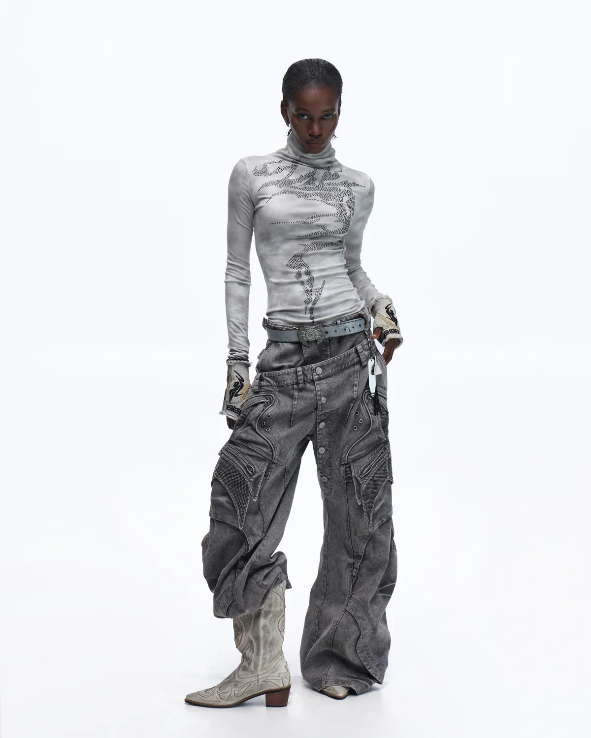 Personsoul Mock Double-Waist Wide-Leg Cargo Pants