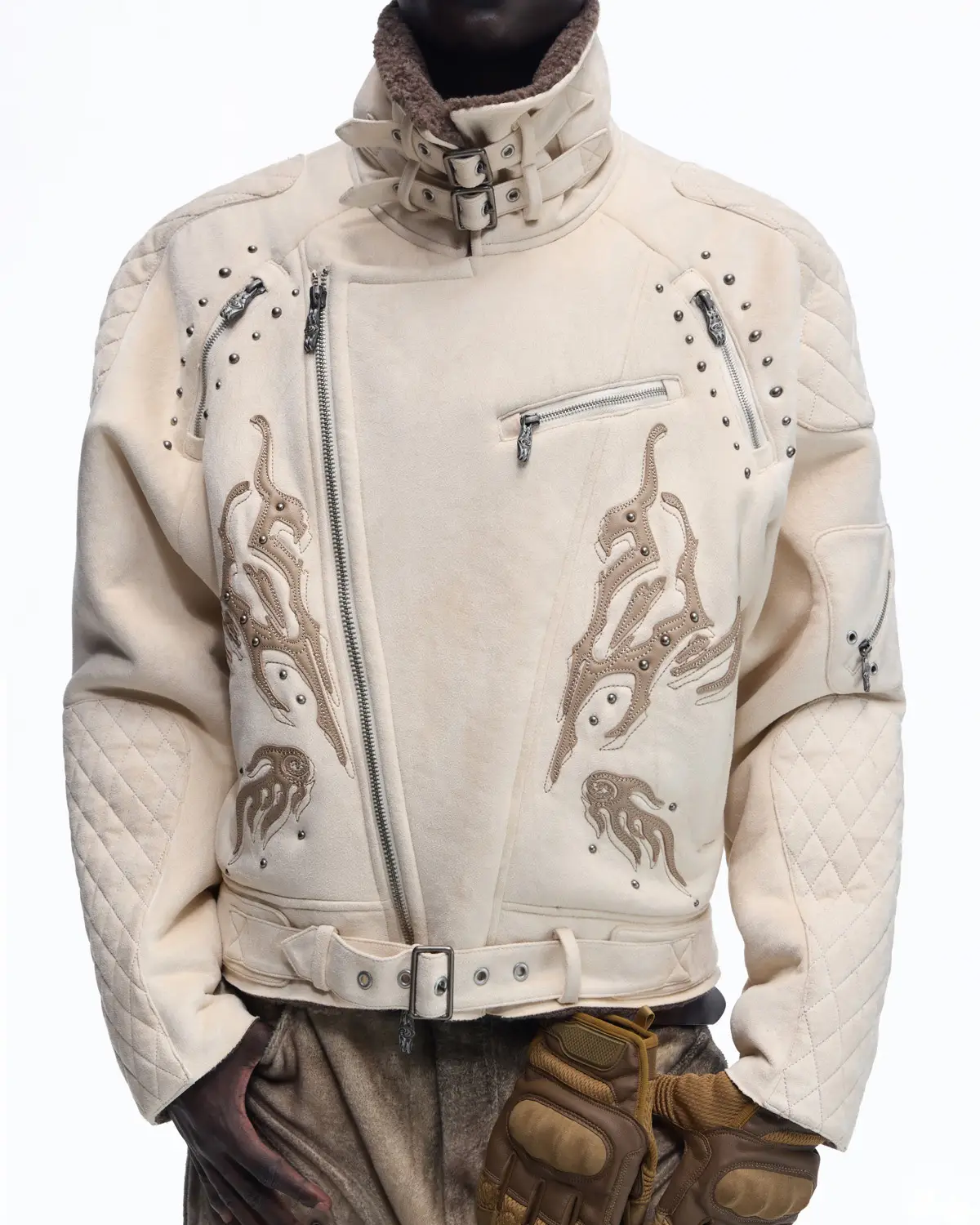 Personsoul Lightning Totem Stand Collar Jacket In White