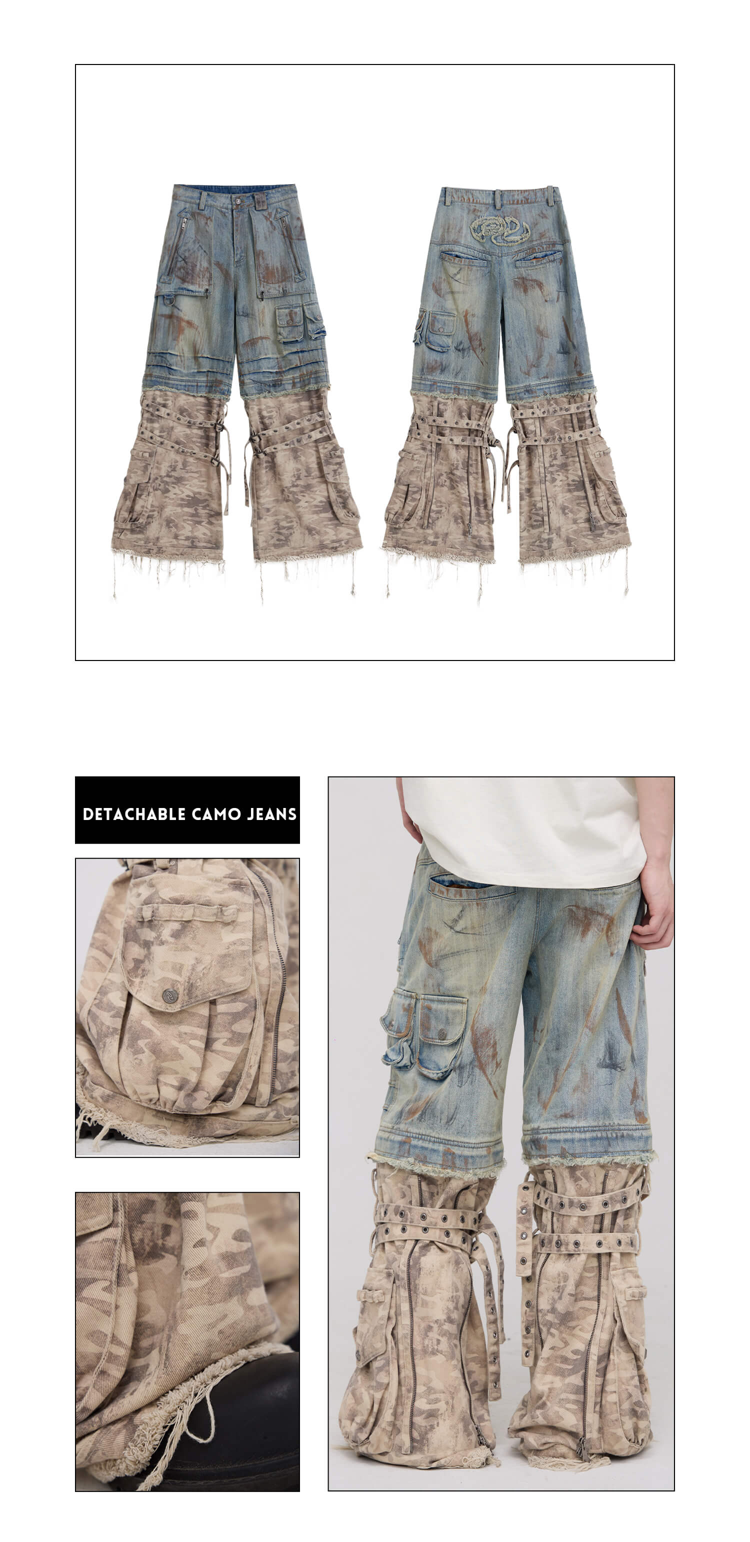 Personsoul Detachable Paneled Camo Baggy Jeans
