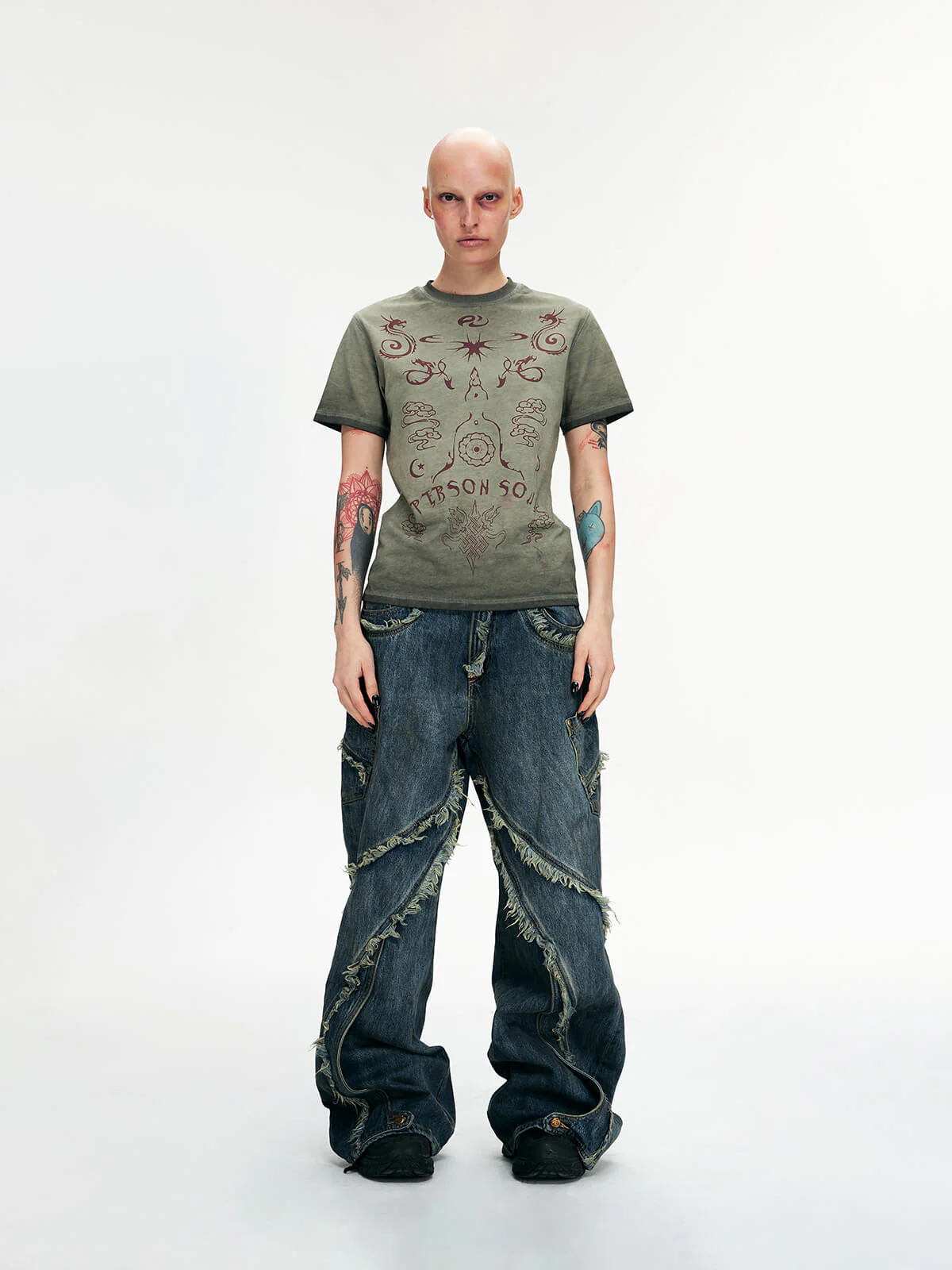 Personsoul Tie-Dye Raw-Edge Baggy Jeans