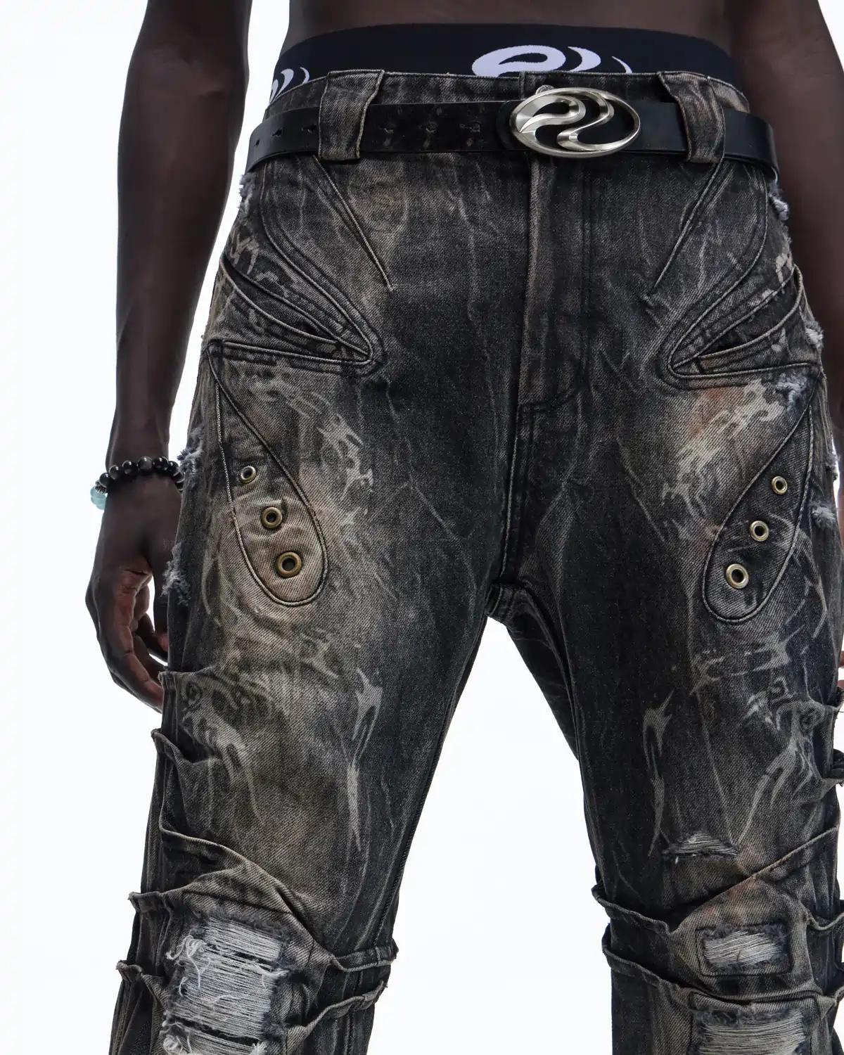 Personsoul Snake-Pattern Totem Slim-Fit Jeans