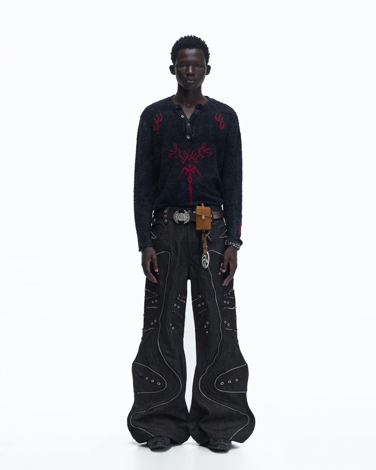 Personsoul Baggy Denim Jeans with Red Contrast Stitch