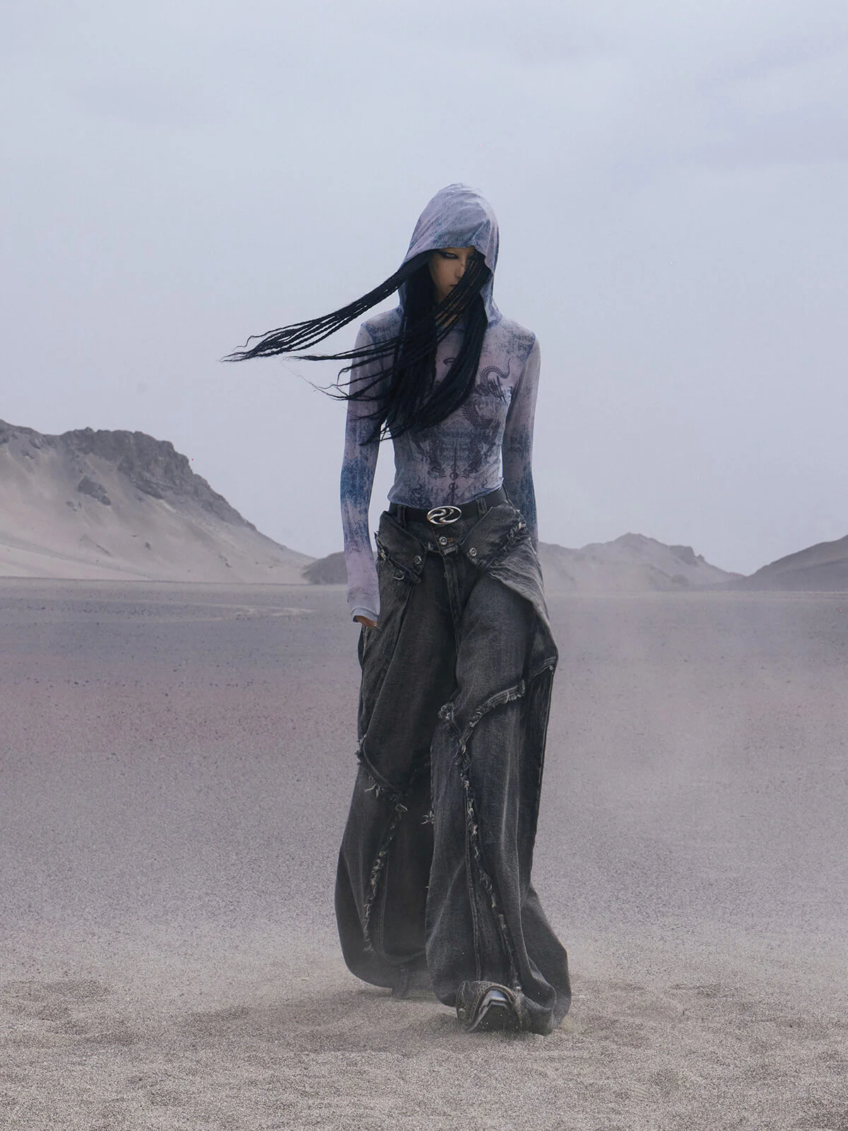 Personsoul Dragon Print Hooded Mesh Long Sleeve Top