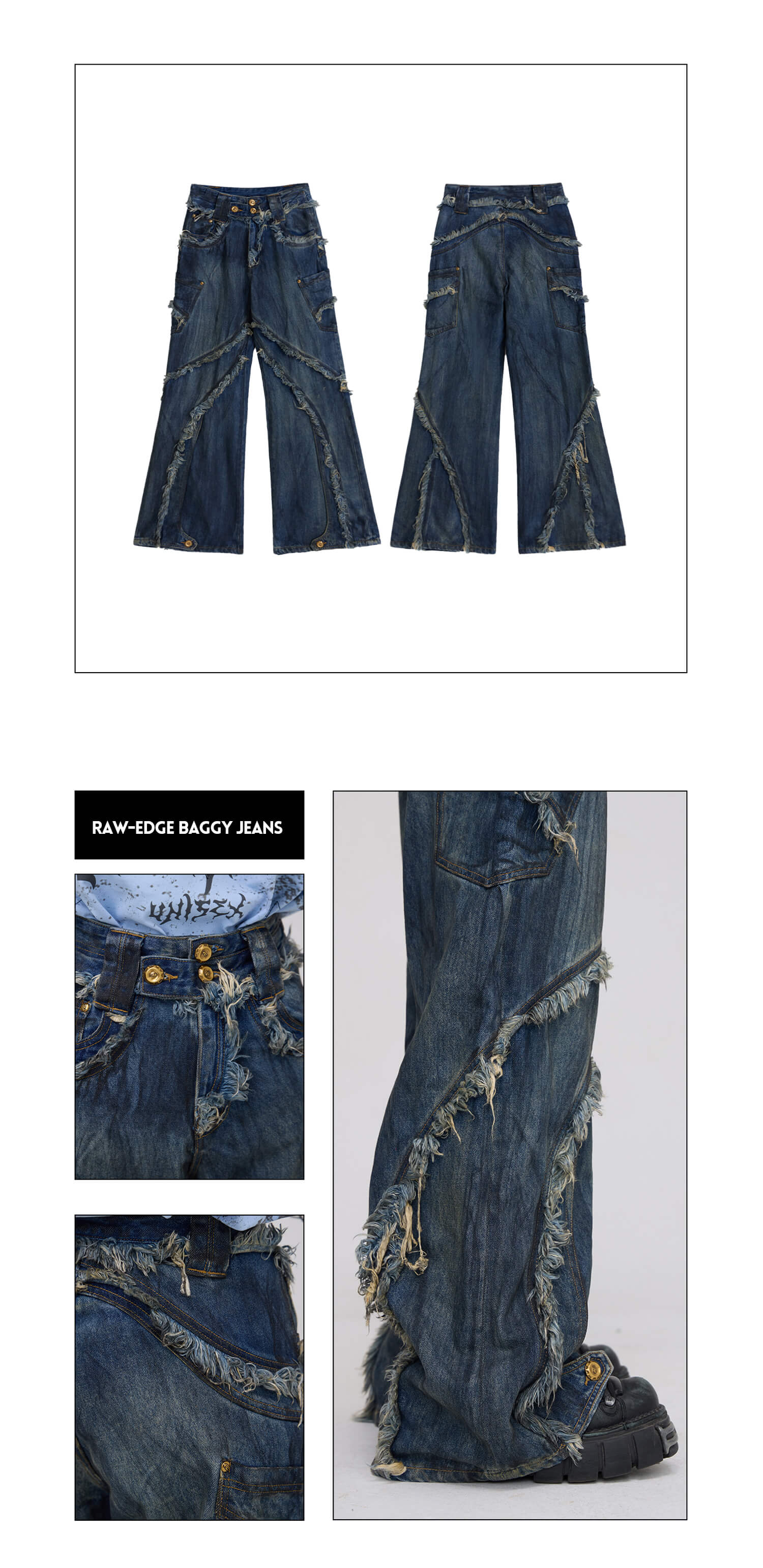 Personsoul Tie-Dye Raw-Edge Baggy Jeans